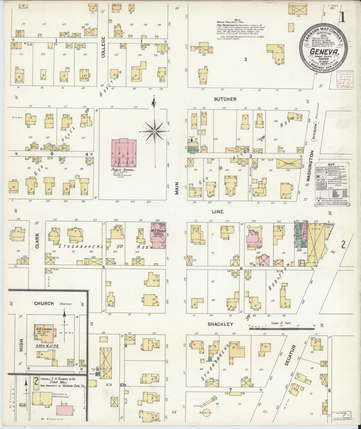 Sanborn Fire Insurance Map from Geneva, Adams County, Indiana (1907), Sheet #0001 - Historic Sanborn Fire Insurance Map Print, vintage old map wall art, antique decor, genealogy gift, Indiana Indiana map