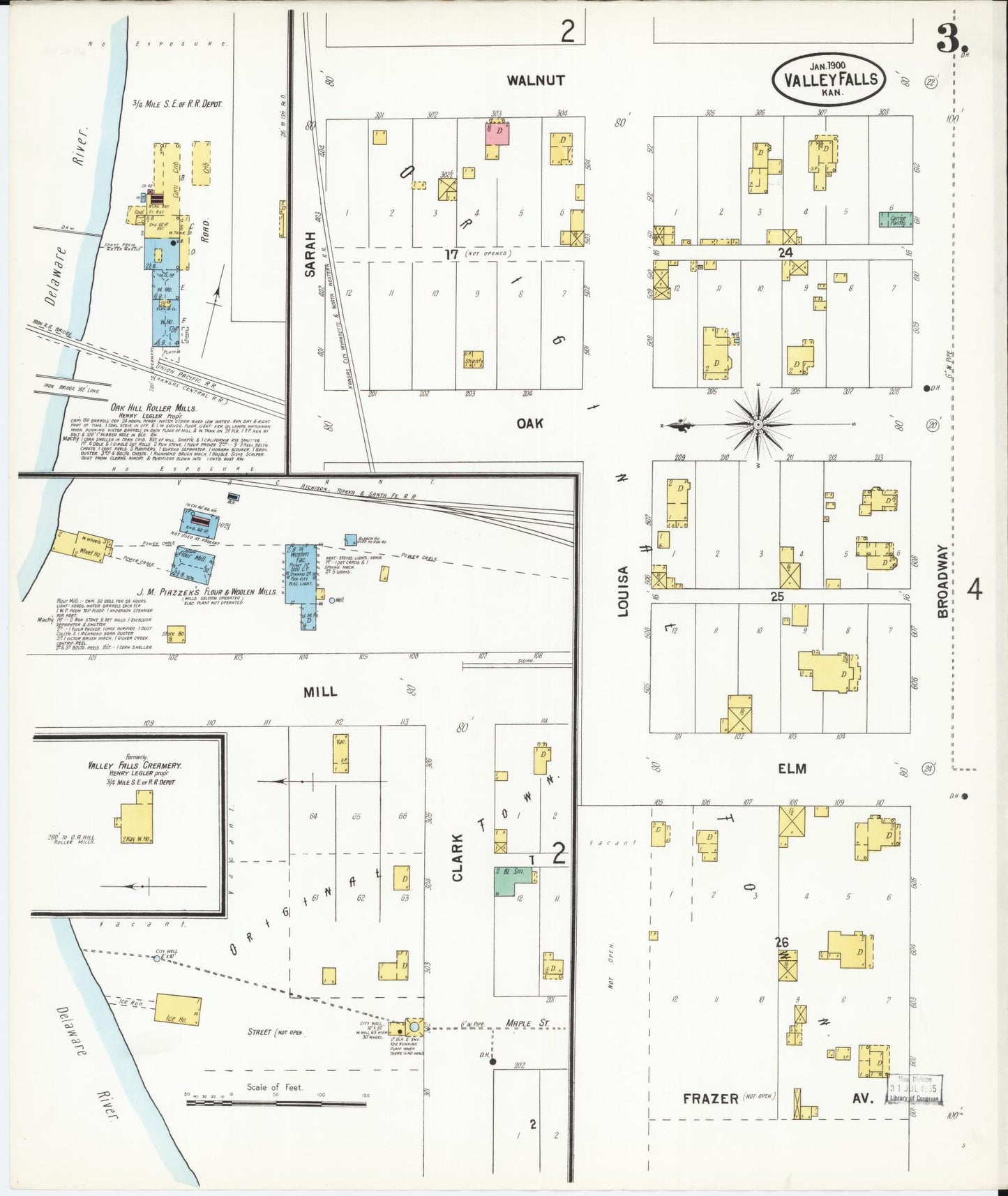 Sanborn Fire Insurance Map from Valley Falls, Jefferson County, Kansas (1899), Sheet #0003 - Historic Sanborn Fire Insurance Map Print, vintage old map wall art, antique decor, genealogy gift, Kansas Kansas map