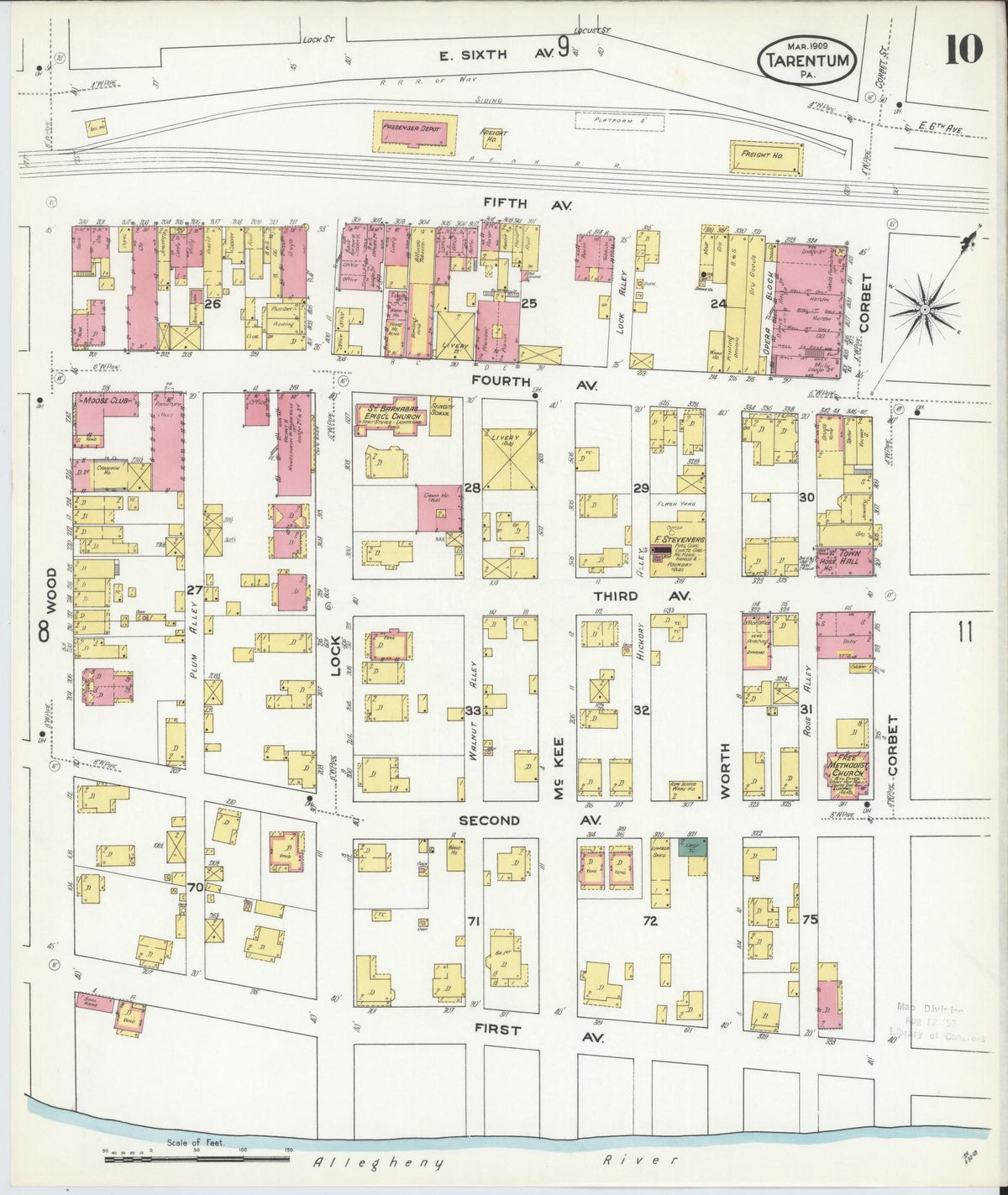 Sanborn Fire Insurance Map from Tarentum, Allegheny County, Pennsylvania (1909), Sheet #0010 - Historic Sanborn Fire Insurance Map Print, vintage old map wall art, antique decor, genealogy gift, Pennsylvania Pennsylvania map