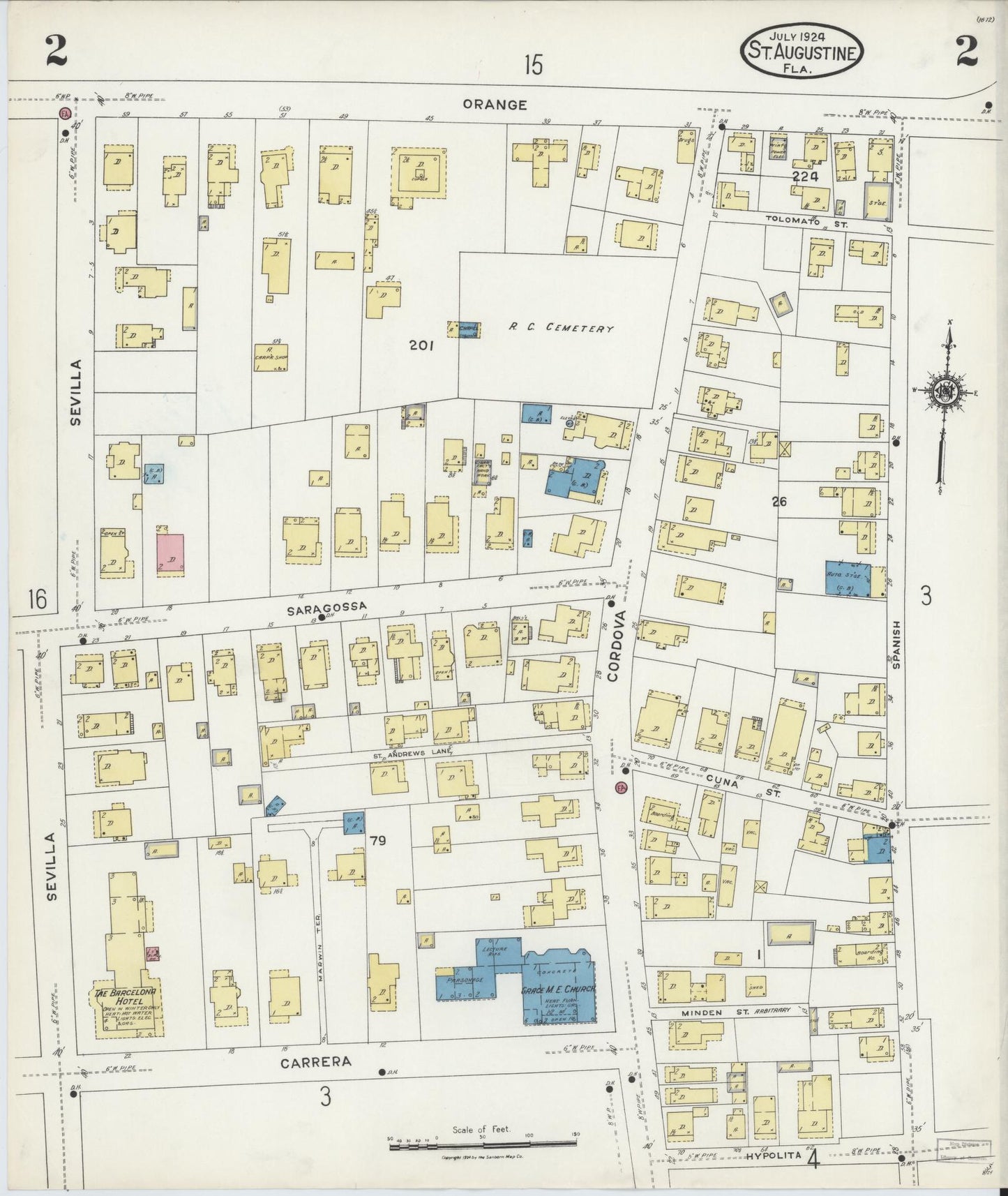 Sanborn Fire Insurance Map from Saint Augustine, Saint John's County, Florida (1924), Sheet #0002 - Historic Sanborn Fire Insurance Map Print, vintage old map wall art, antique decor, genealogy gift, Florida Florida map