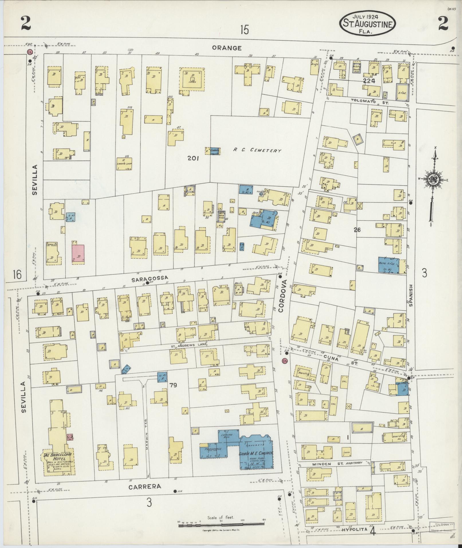 Sanborn Fire Insurance Map from Saint Augustine, Saint John's County, Florida (1924), Sheet #0002 - Historic Sanborn Fire Insurance Map Print, vintage old map wall art, antique decor, genealogy gift, Florida Florida map