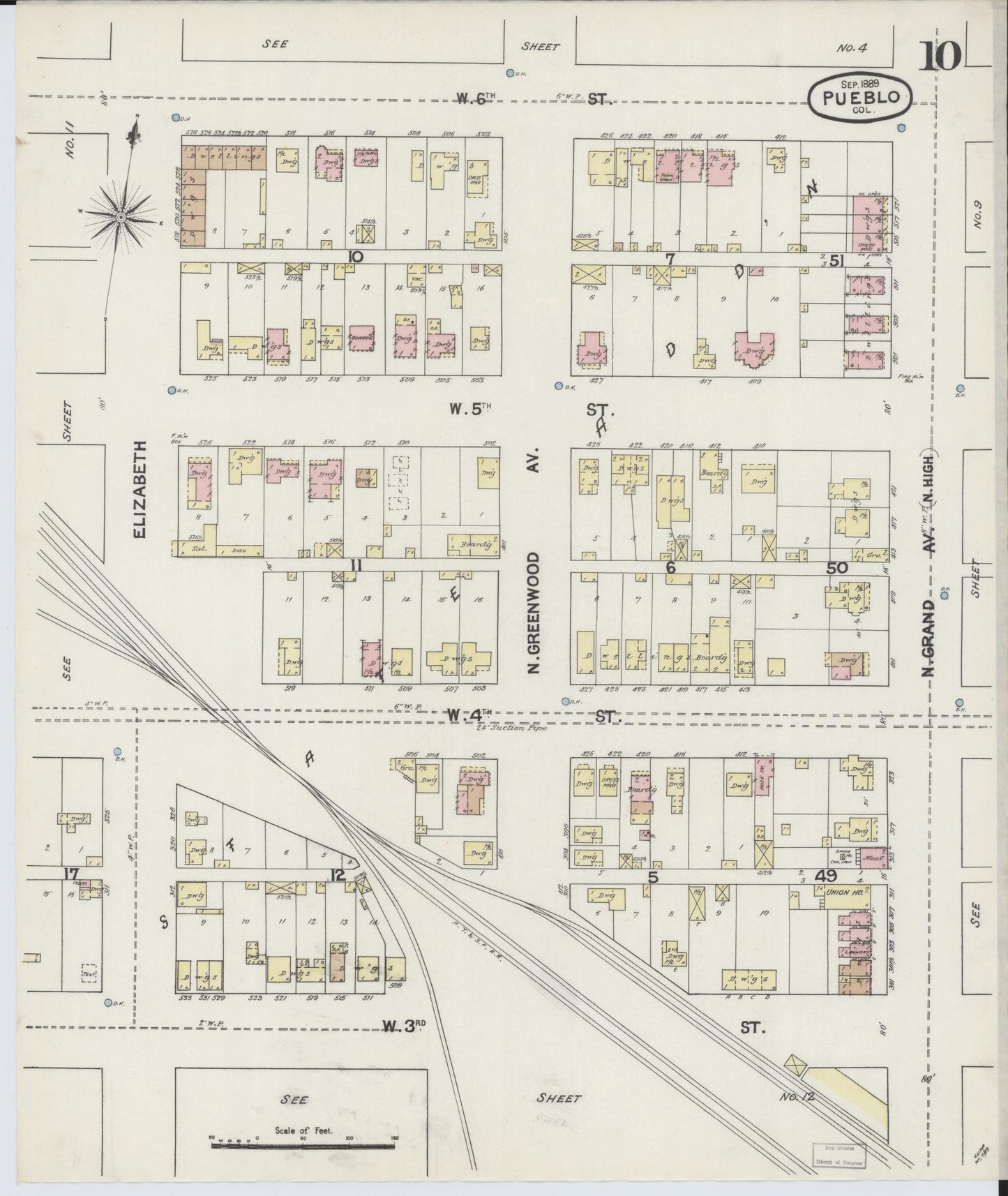 Sanborn Fire Insurance Map from Pueblo, Pueblo County, Colorado (1889), Sheet #0010 - Complete Map Set gallery image, historic Sanborn map, vintage wall art, Colorado Colorado