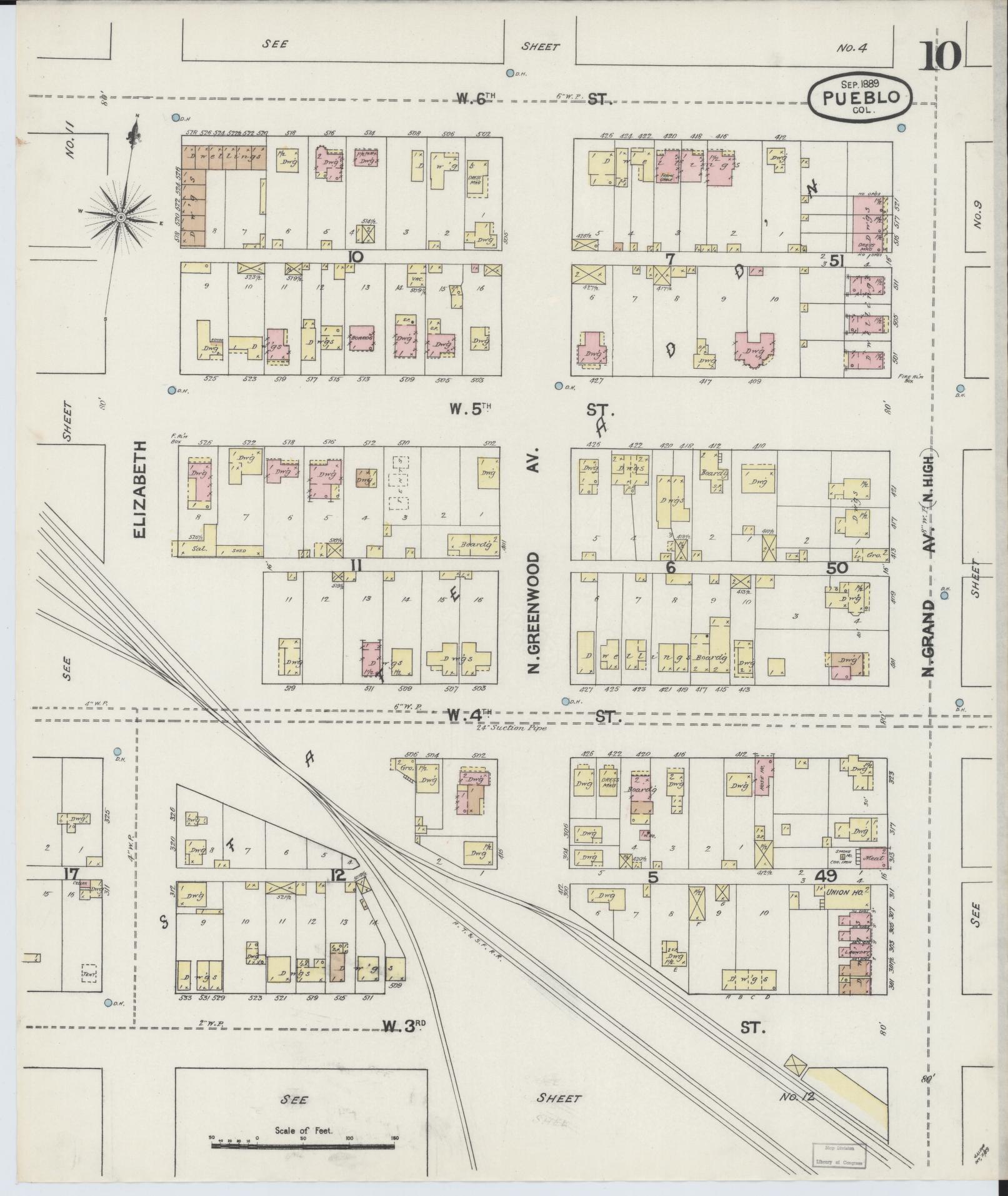 Sanborn Fire Insurance Map from Pueblo, Pueblo County, Colorado (1889), Sheet #0010 - Complete Map Set gallery image, historic Sanborn map, vintage wall art, Colorado Colorado