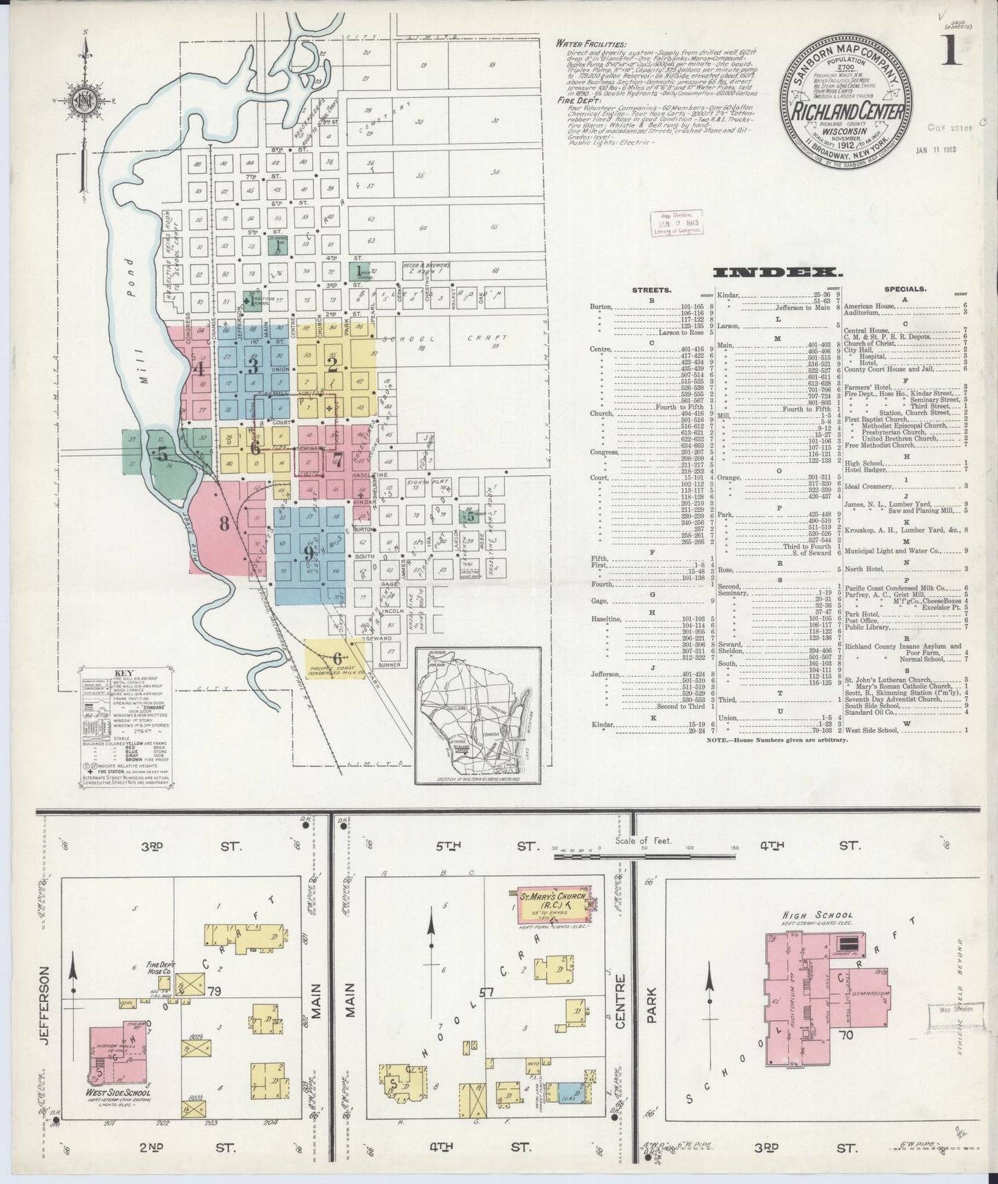 Sanborn Fire Insurance Map from Richland Center, Richland County, Wisconsin (1912), Sheet #0001 - Historic Sanborn Fire Insurance Map Print, vintage old map wall art, antique decor, genealogy gift, Wisconsin Wisconsin map