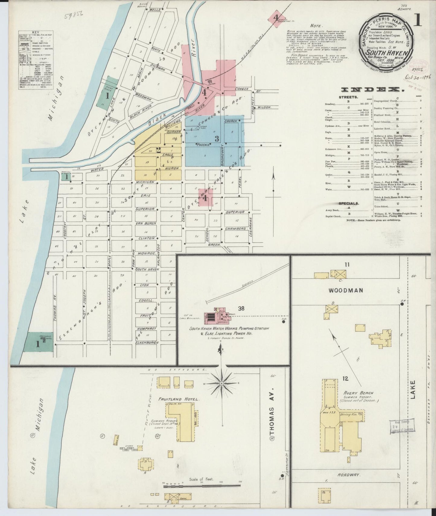 Sanborn Fire Insurance Map from South Haven, Van Buren County, Michigan (1896), Sheet #0001 - Historic Sanborn Fire Insurance Map Print, vintage old map wall art, antique decor, genealogy gift, Michigan Michigan map