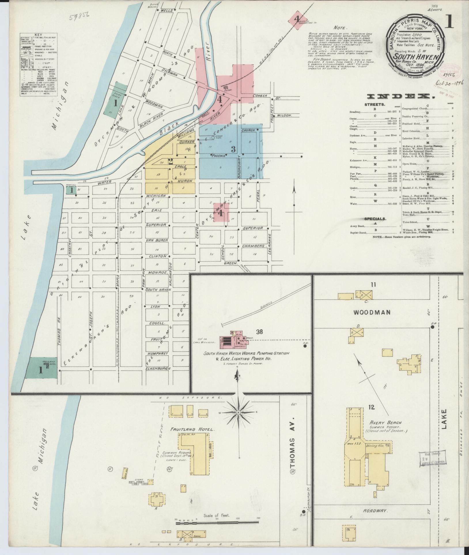 Sanborn Fire Insurance Map from South Haven, Van Buren County, Michigan (1896), Sheet #0001 - Historic Sanborn Fire Insurance Map Print, vintage old map wall art, antique decor, genealogy gift, Michigan Michigan map