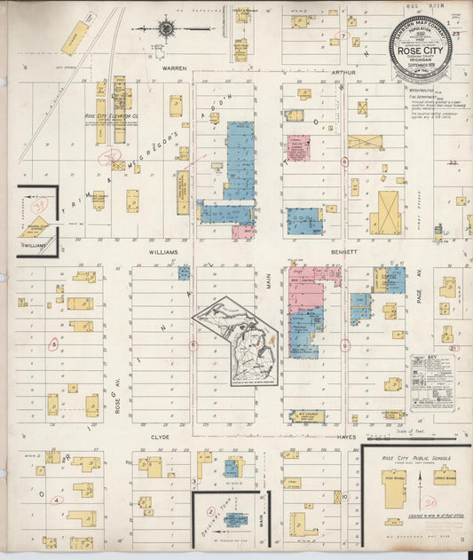 Sanborn Fire Insurance Map from Rose City, Ogemaw County, Michigan (1928), Sheet #0001 - Historic Sanborn Fire Insurance Map Print, vintage old map wall art, antique decor, genealogy gift, Michigan Michigan map
