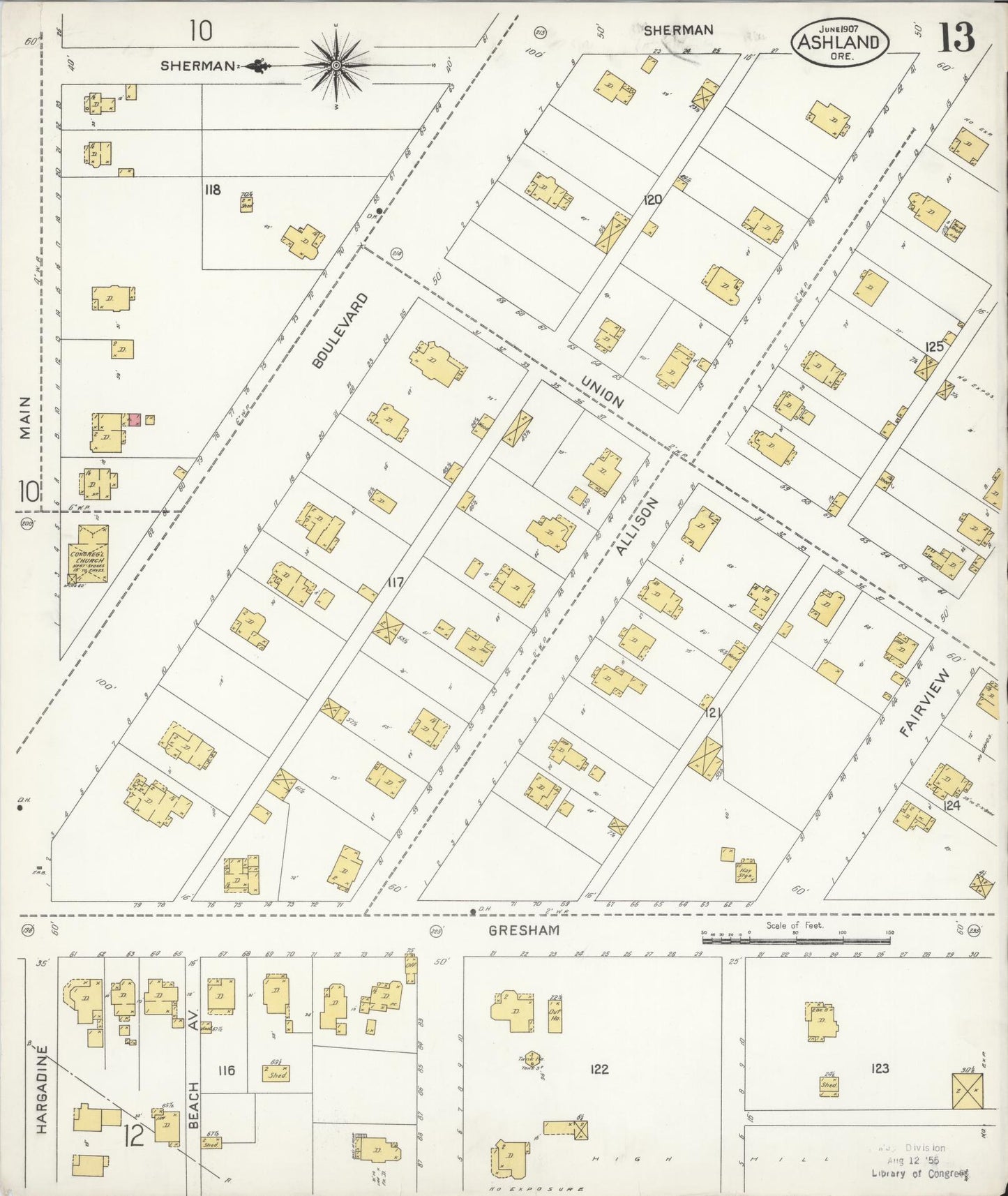 Sanborn Fire Insurance Map from Ashland, Jackson County, Oregon (1907), Sheet #0013 - Historic Sanborn Fire Insurance Map Print, vintage old map wall art, antique decor, genealogy gift, Oregon Oregon map