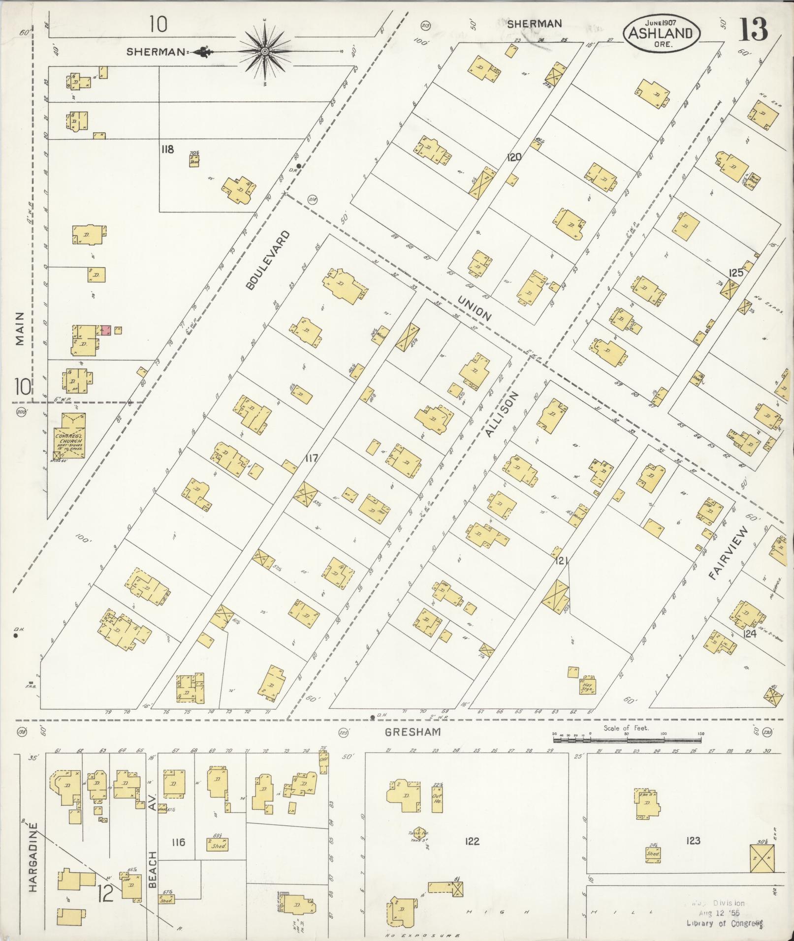 Sanborn Fire Insurance Map from Ashland, Jackson County, Oregon (1907), Sheet #0013 - Historic Sanborn Fire Insurance Map Print, vintage old map wall art, antique decor, genealogy gift, Oregon Oregon map