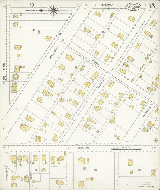 Sanborn Fire Insurance Map from Ashland, Jackson County, Oregon (1907), Sheet #0013 - Historic Sanborn Fire Insurance Map Print, vintage old map wall art, antique decor, genealogy gift, Oregon Oregon map
