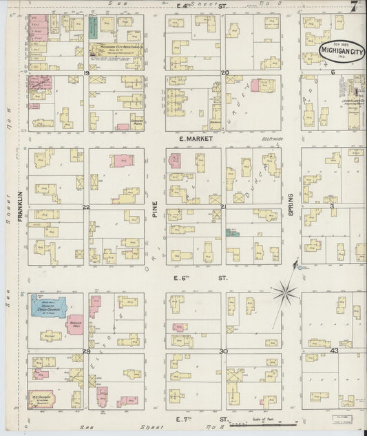 Sanborn Fire Insurance Map from Michigan City, La Porte County, Indiana (1889), Sheet #0007 - Historic Sanborn Fire Insurance Map Print, vintage old map wall art, antique decor, genealogy gift, Michigan Michigan map