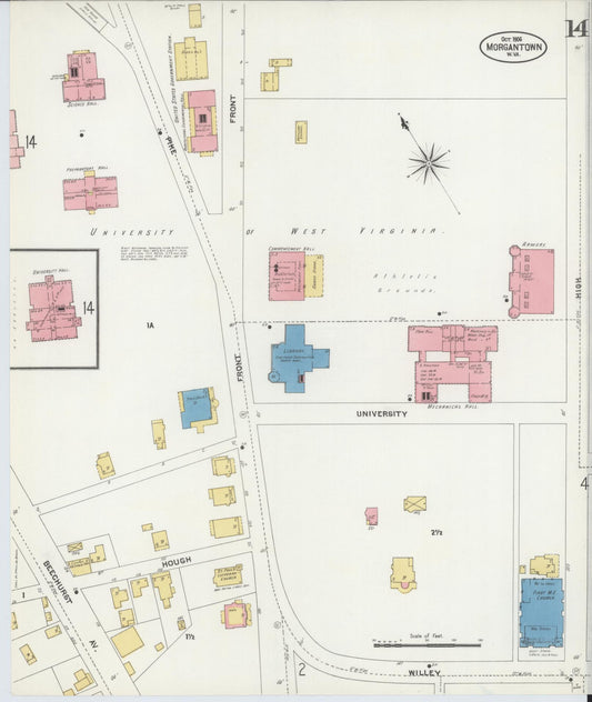 Sanborn Fire Insurance Map from Morgantown, Monongalia County, West Virginia (1906), Sheet #0014 - Historic Sanborn Fire Insurance Map Print, vintage old map wall art, antique decor, genealogy gift, West Virginia West Virginia map
