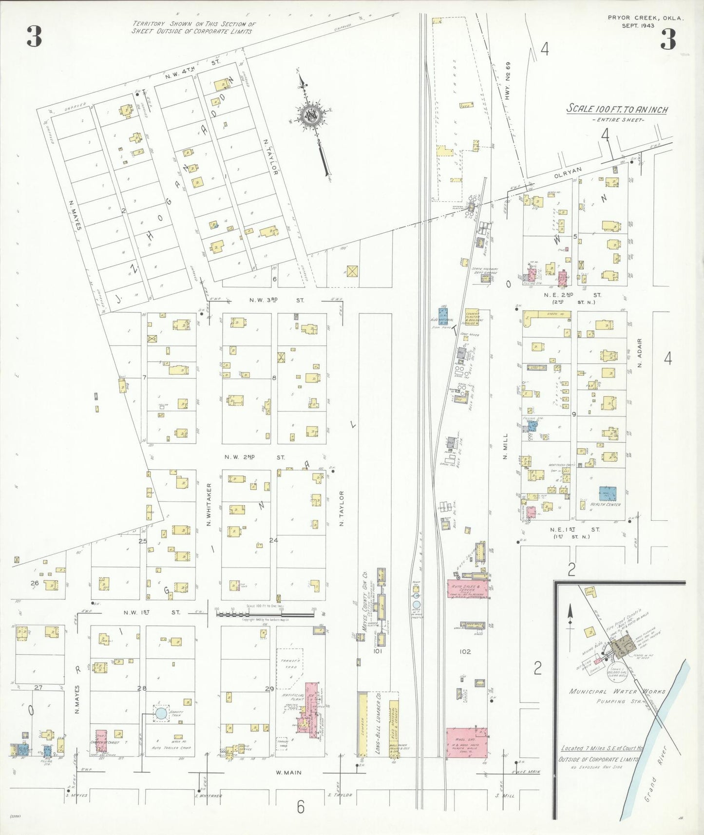 Sanborn Fire Insurance Map from Pryor Creek, Mayes County, Oklahoma (1943), Sheet #0003 - Historic Sanborn Fire Insurance Map Print, vintage old map wall art, antique decor, genealogy gift, Oklahoma Oklahoma map