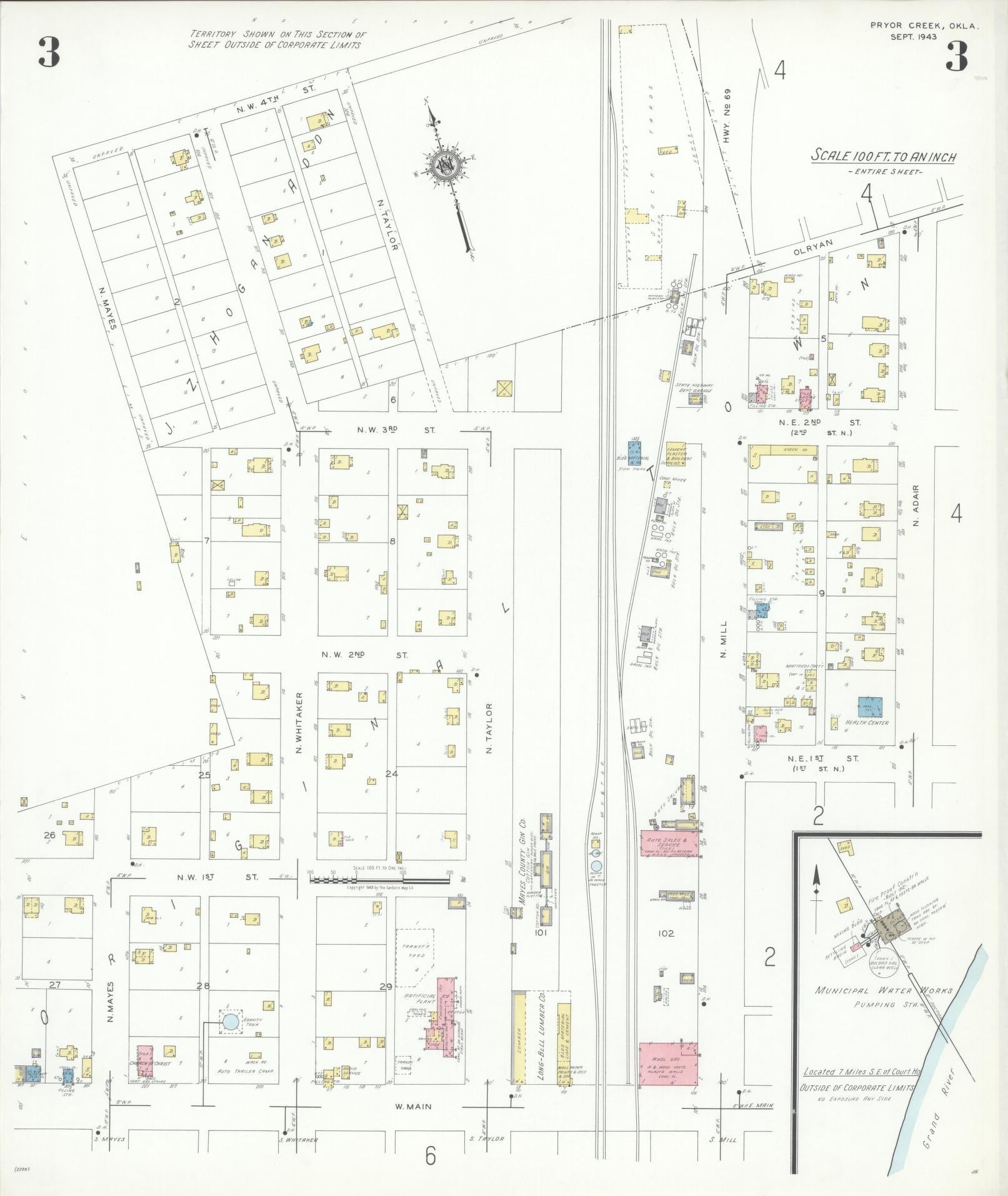 Sanborn Fire Insurance Map from Pryor Creek, Mayes County, Oklahoma (1943), Sheet #0003 - Historic Sanborn Fire Insurance Map Print, vintage old map wall art, antique decor, genealogy gift, Oklahoma Oklahoma map