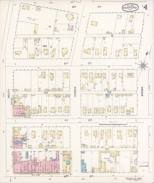 Sanborn Fire Insurance Map from Hanford, Kings County, California (1892), Sheet #0004 - Historic Sanborn Fire Insurance Map Print, vintage old map wall art, antique decor, genealogy gift, California California map