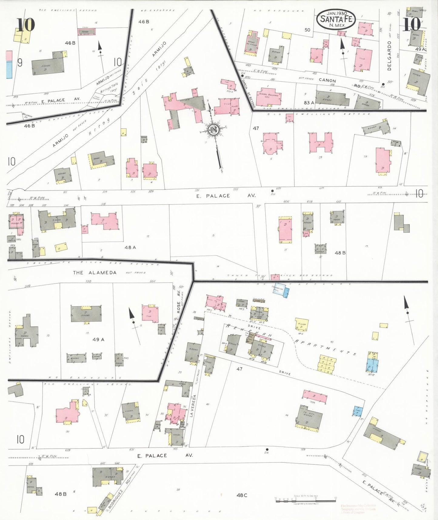Sanborn Fire Insurance Map from Santa Fe, Santa Fe County, New Mexico (1930), Sheet #0010 - Historic Sanborn Fire Insurance Map Print, vintage old map wall art, antique decor, genealogy gift, New Mexico New Mexico map