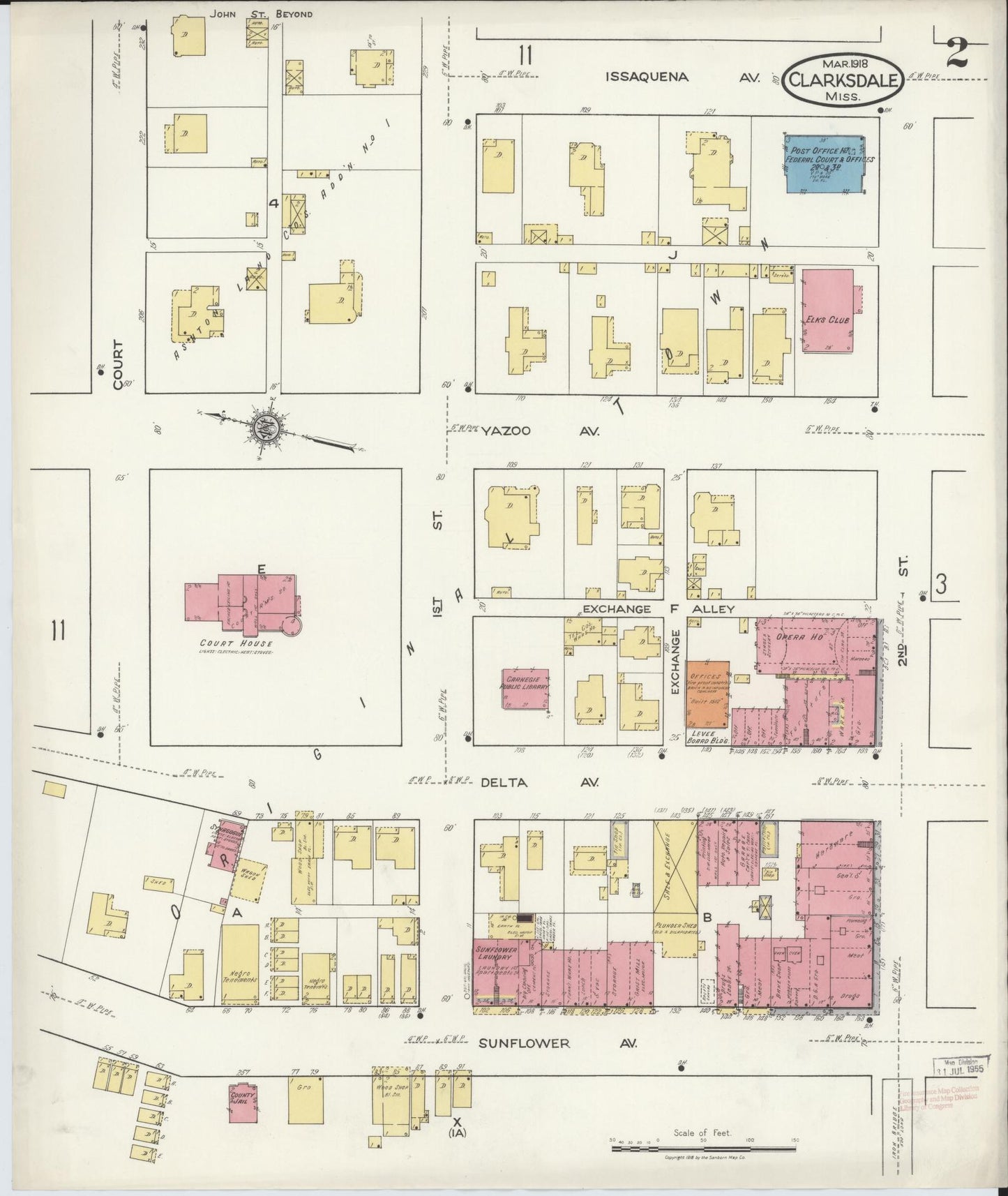 Sanborn Fire Insurance Map from Clarksdale, Coahoma County, Mississippi (1918), Sheet #0002 - Historic Sanborn Fire Insurance Map Print, vintage old map wall art, antique decor, genealogy gift, Mississippi Mississippi map
