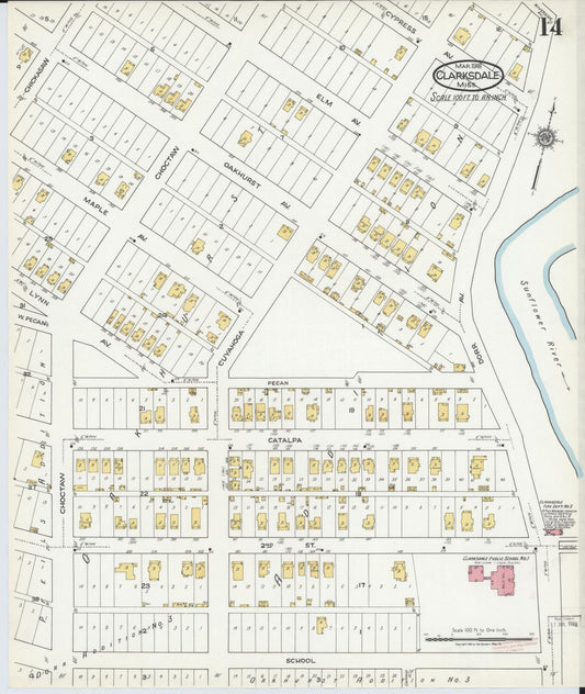 Sanborn Fire Insurance Map from Clarksdale, Coahoma County, Mississippi (1918), Sheet #0014 - Historic Sanborn Fire Insurance Map Print, vintage old map wall art, antique decor, genealogy gift, Mississippi Mississippi map
