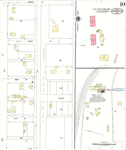 Sanborn Fire Insurance Map from Coeur D'alene, Kootenai County, Idaho (1921), Sheet #0010 - Historic Sanborn Fire Insurance Map Print, vintage old map wall art, antique decor, genealogy gift, Idaho Idaho map