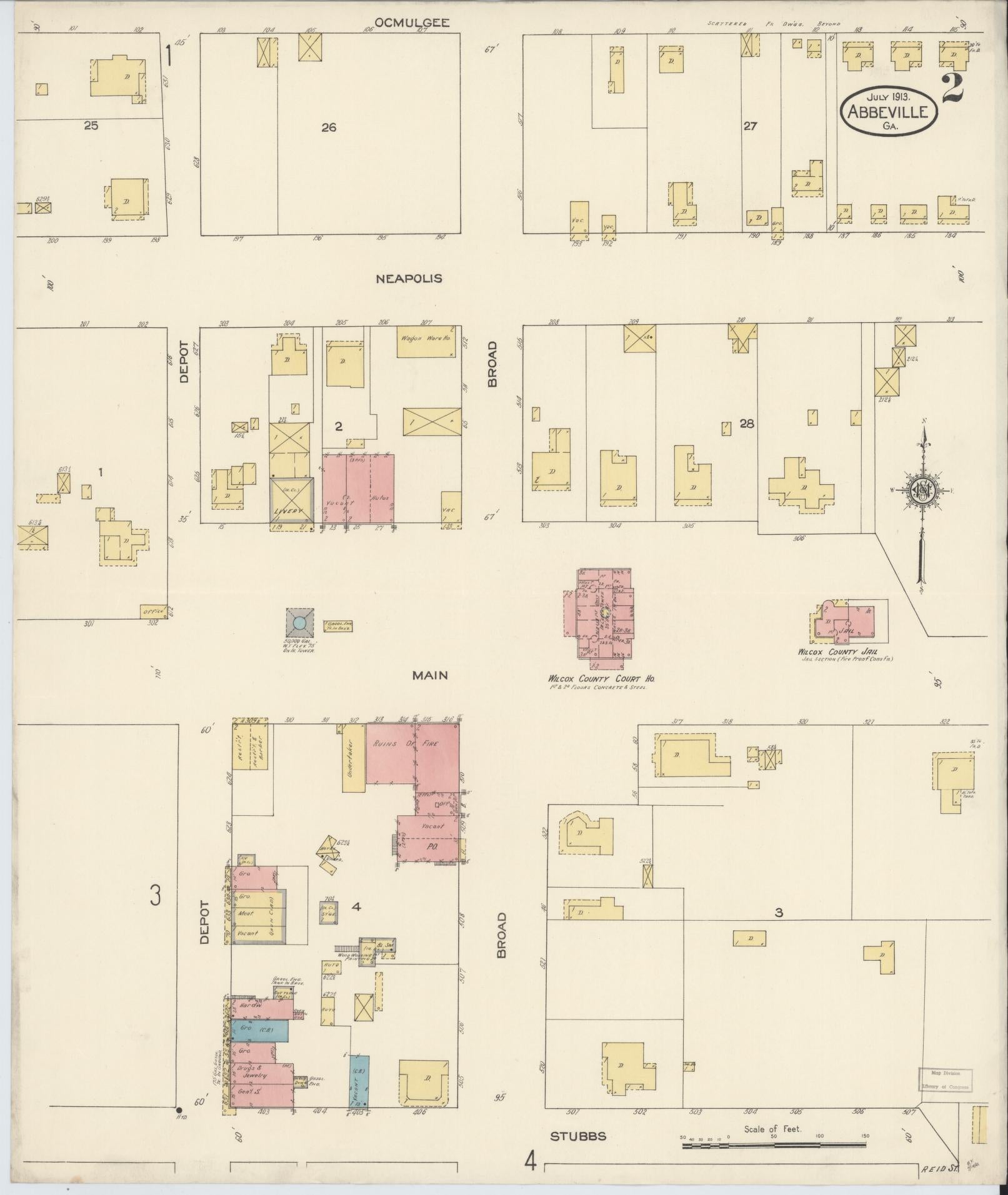 Sanborn Fire Insurance Map from Abbeville, Wilcox County, Georgia (1913), Sheet #0002 - Complete Map Set gallery image, historic Sanborn map, vintage wall art, Georgia Georgia