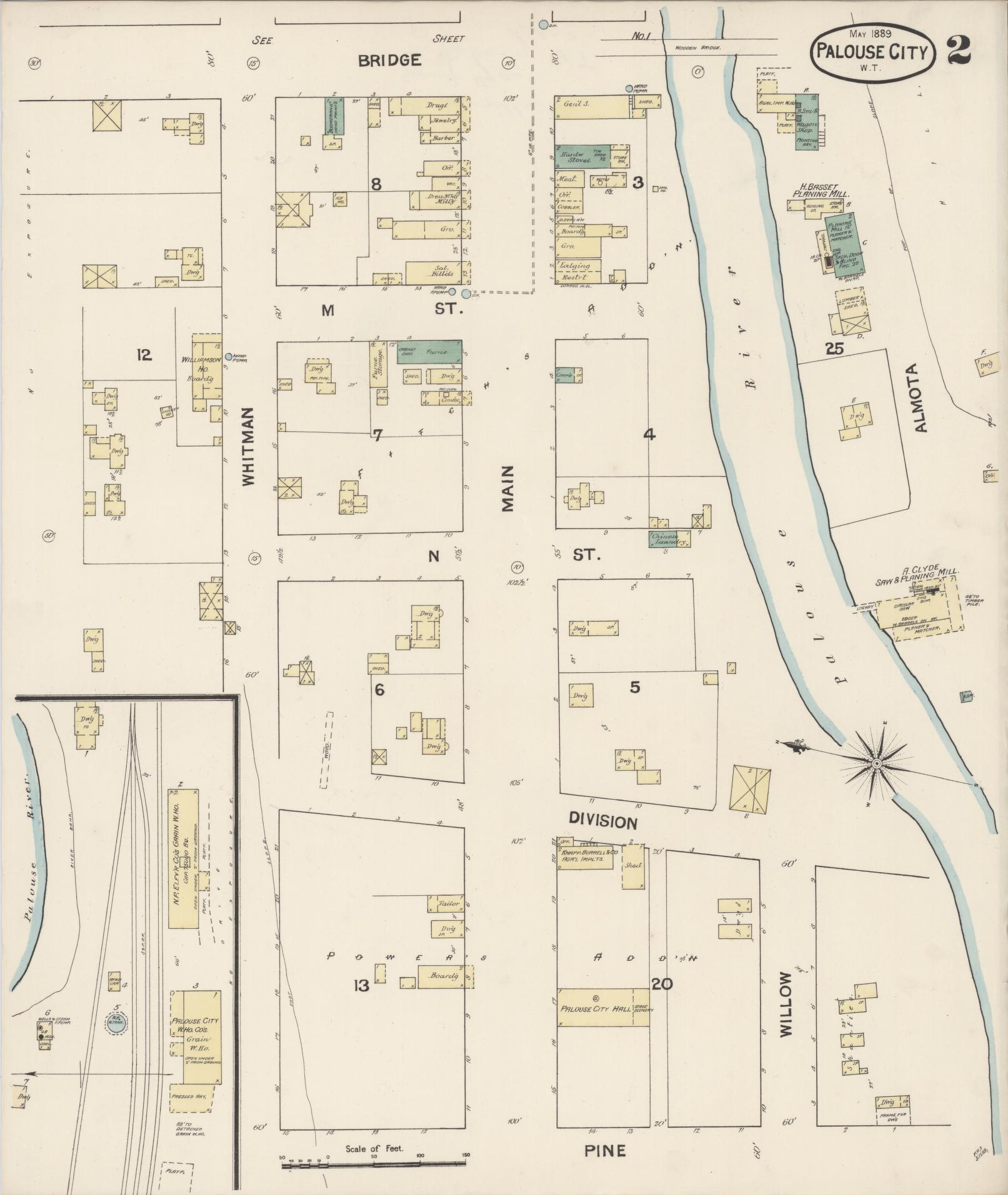 Sanborn Fire Insurance Map from Palouse City, Whitman County, Washington (1889), Sheet #0002 - Complete Map Set gallery image, historic Sanborn map, vintage wall art, Washington Washington