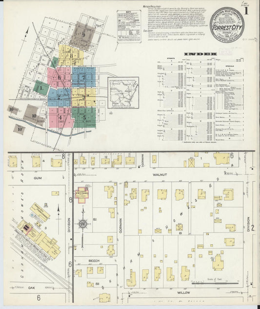 Sanborn Fire Insurance Map from Forrest City, Saint Francis County, Arkansas (1913), Sheet #0001 - Historic Sanborn Fire Insurance Map Print, vintage old map wall art, antique decor, genealogy gift, Arkansas Arkansas map