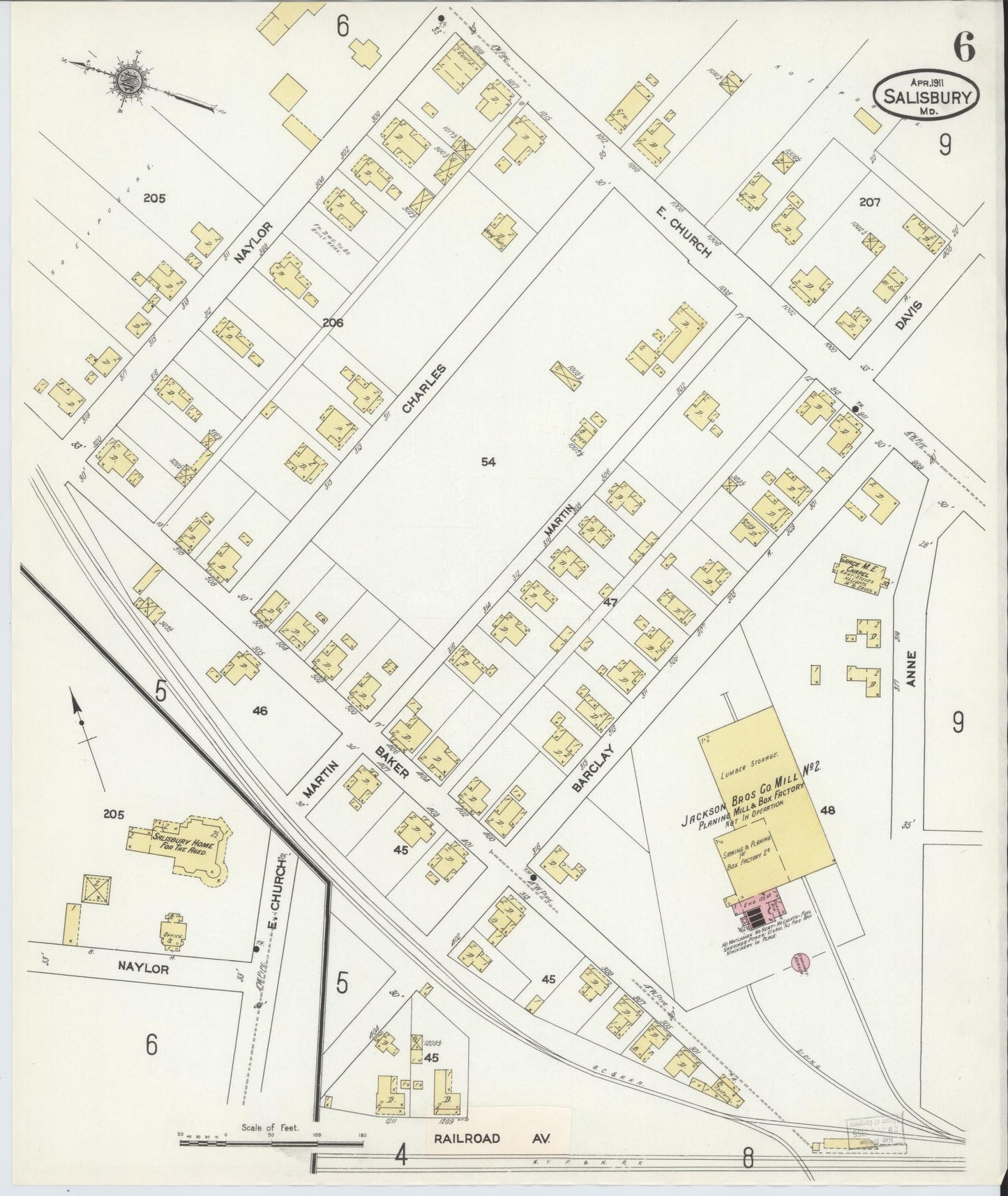 Sanborn Fire Insurance Map from Salisbury, Wicomico County, Maryland (1911), Sheet #0006 - Historic Sanborn Fire Insurance Map Print, vintage old map wall art