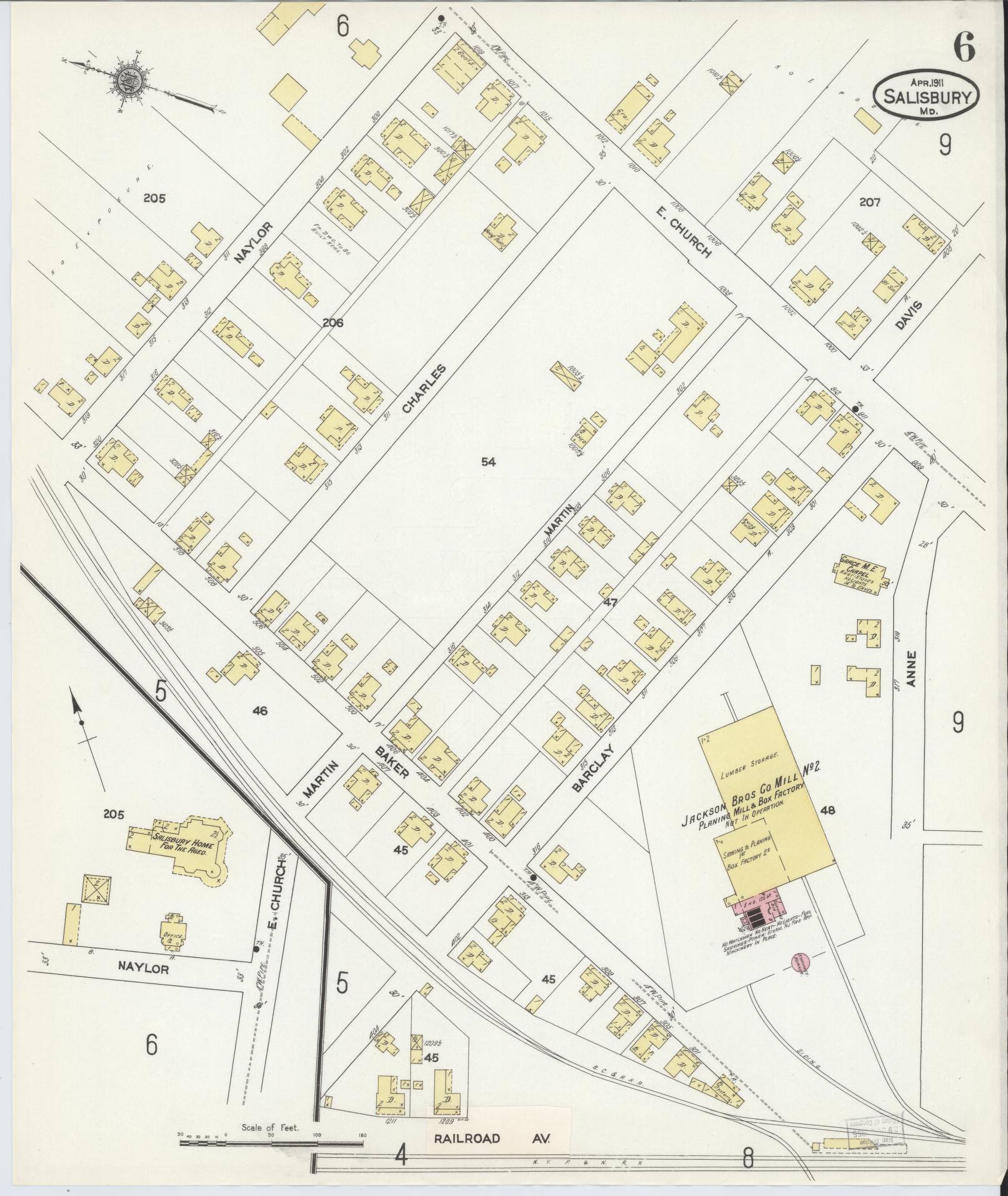 Sanborn Fire Insurance Map from Salisbury, Wicomico County, Maryland (1911), Sheet #0006 - Historic Sanborn Fire Insurance Map Print, vintage old map wall art