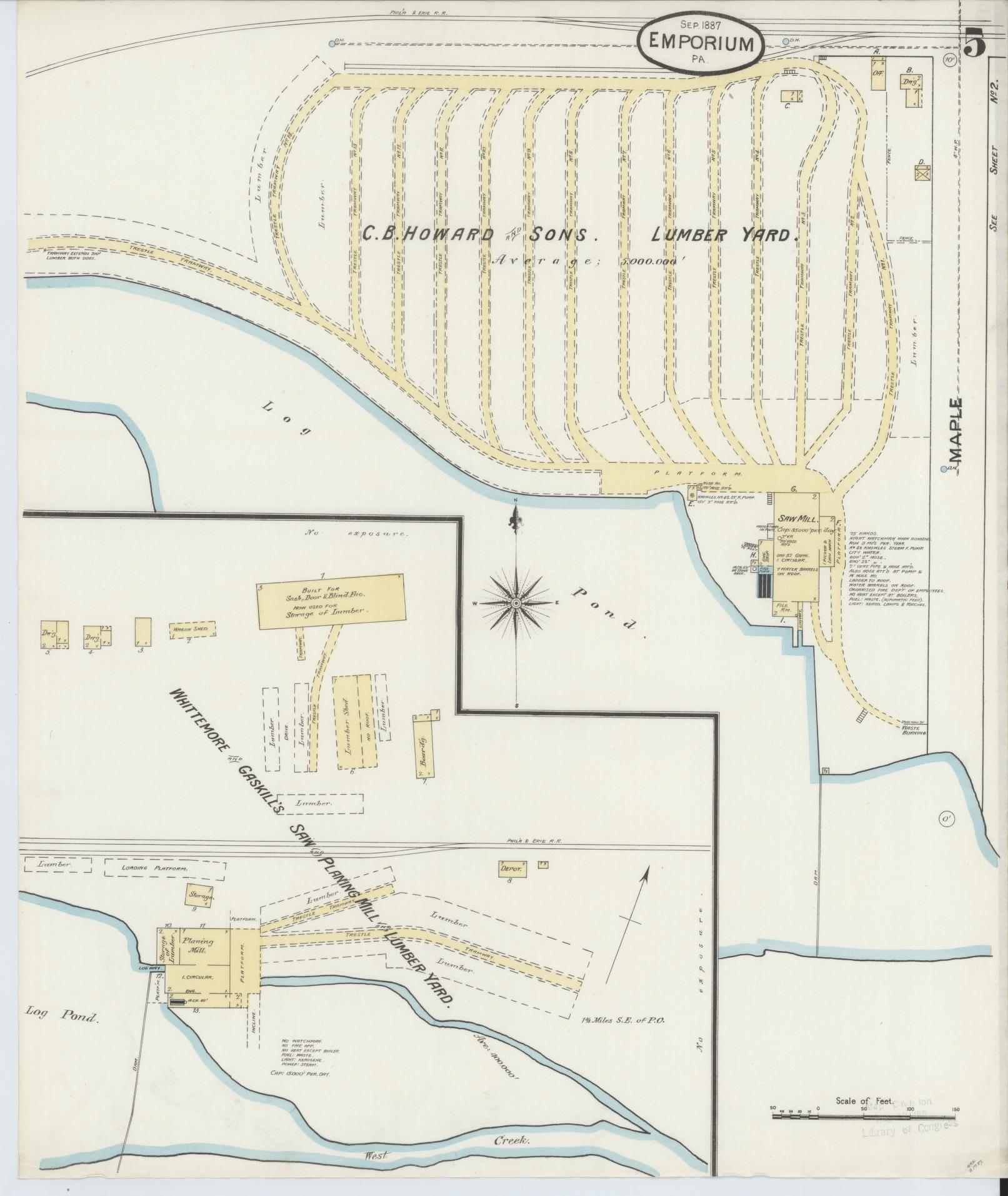 Sanborn Fire Insurance Map from Emporium, Cameron County, Pennsylvania (1887), Sheet #0005 - Historic Sanborn Fire Insurance Map Print, vintage old map wall art, antique decor, genealogy gift, Pennsylvania Pennsylvania map