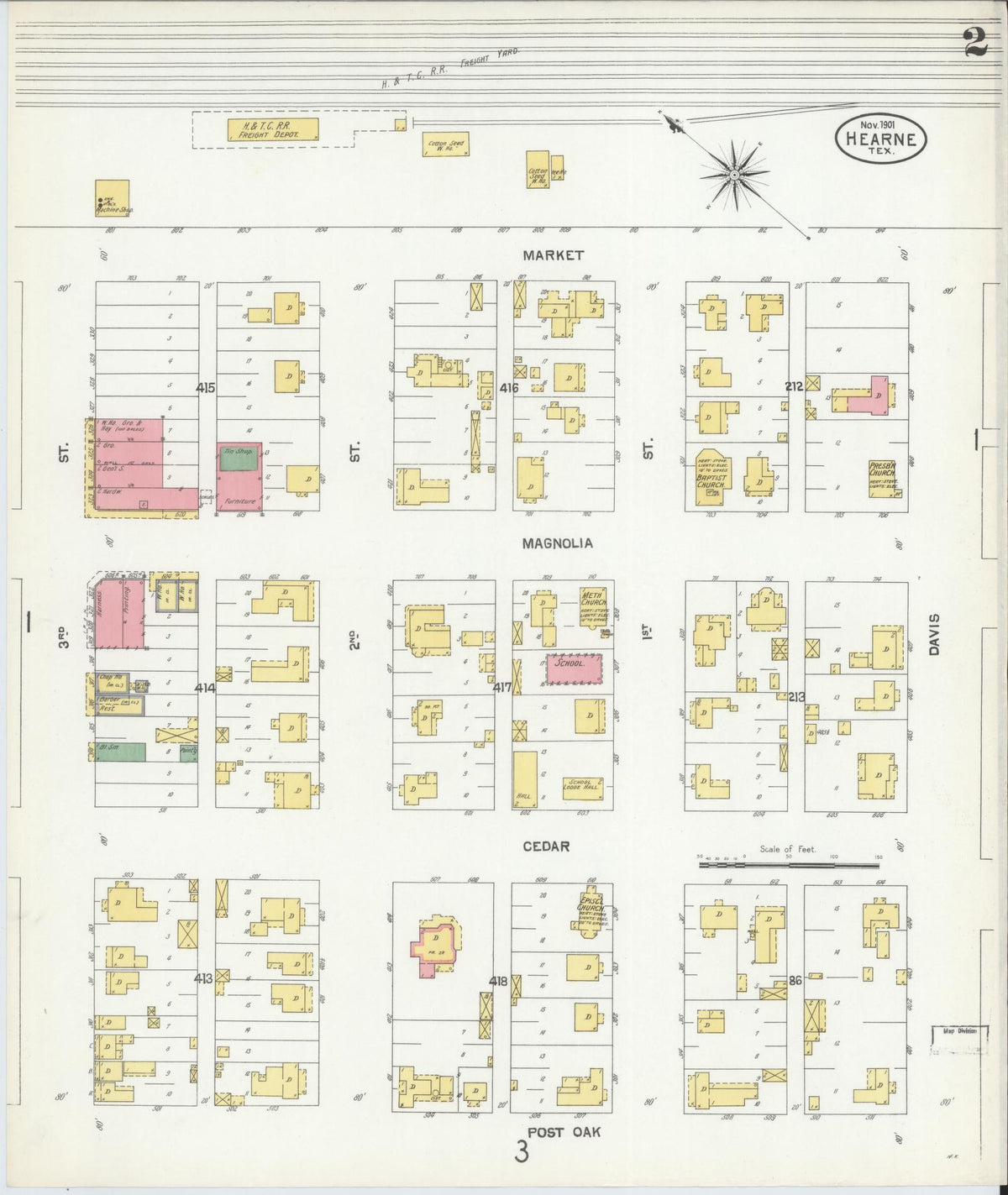 Sanborn Fire Insurance Map from Hearne, Robertson County, Texas (1901), Sheet #0002 - Complete Map Set gallery image, historic Sanborn map, vintage wall art, Texas Texas