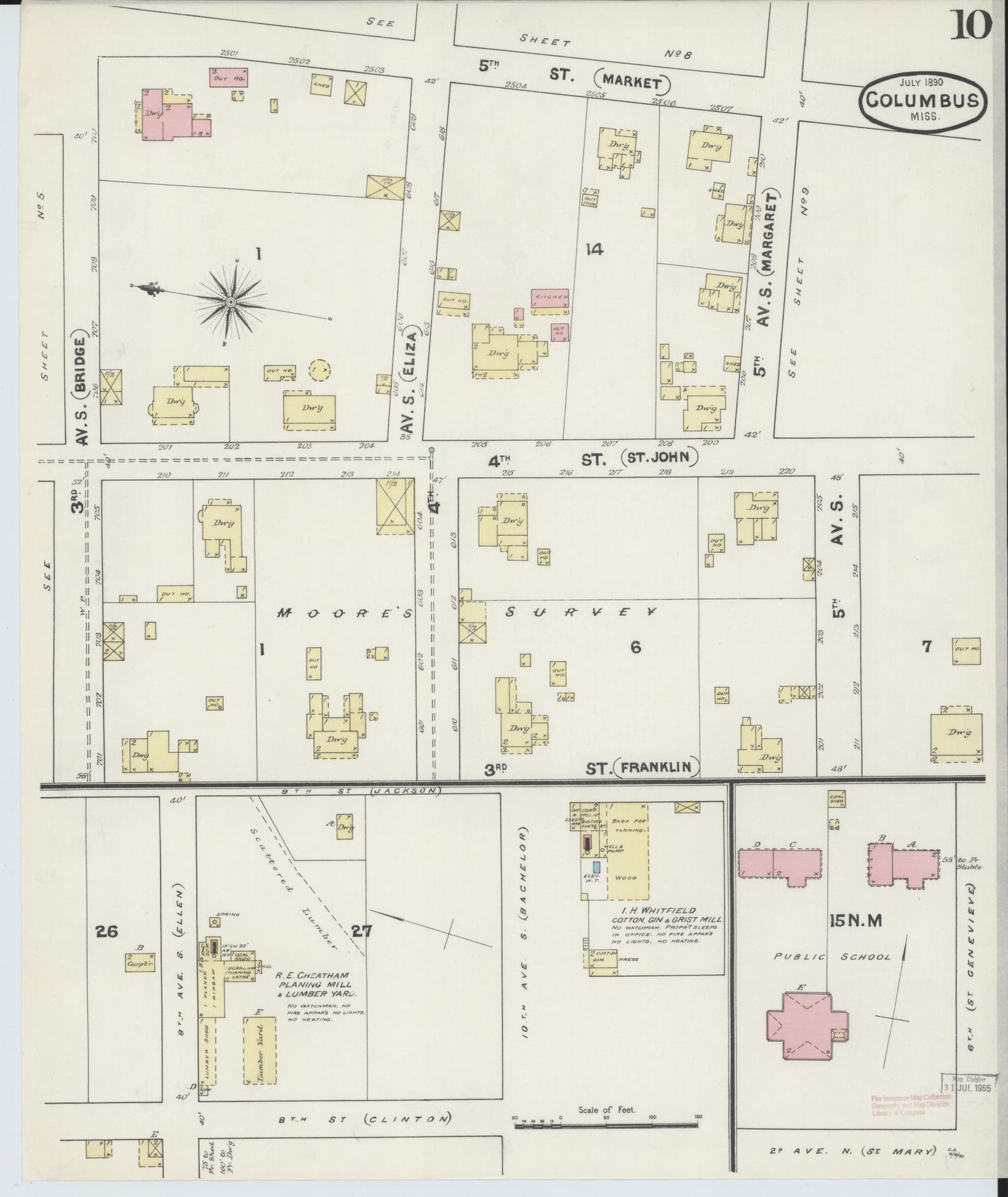Sanborn Fire Insurance Map from Columbus, Lowndes County, Mississippi (1890), Sheet #0010 - Complete Map Set gallery image, historic Sanborn map, vintage wall art, Mississippi Mississippi