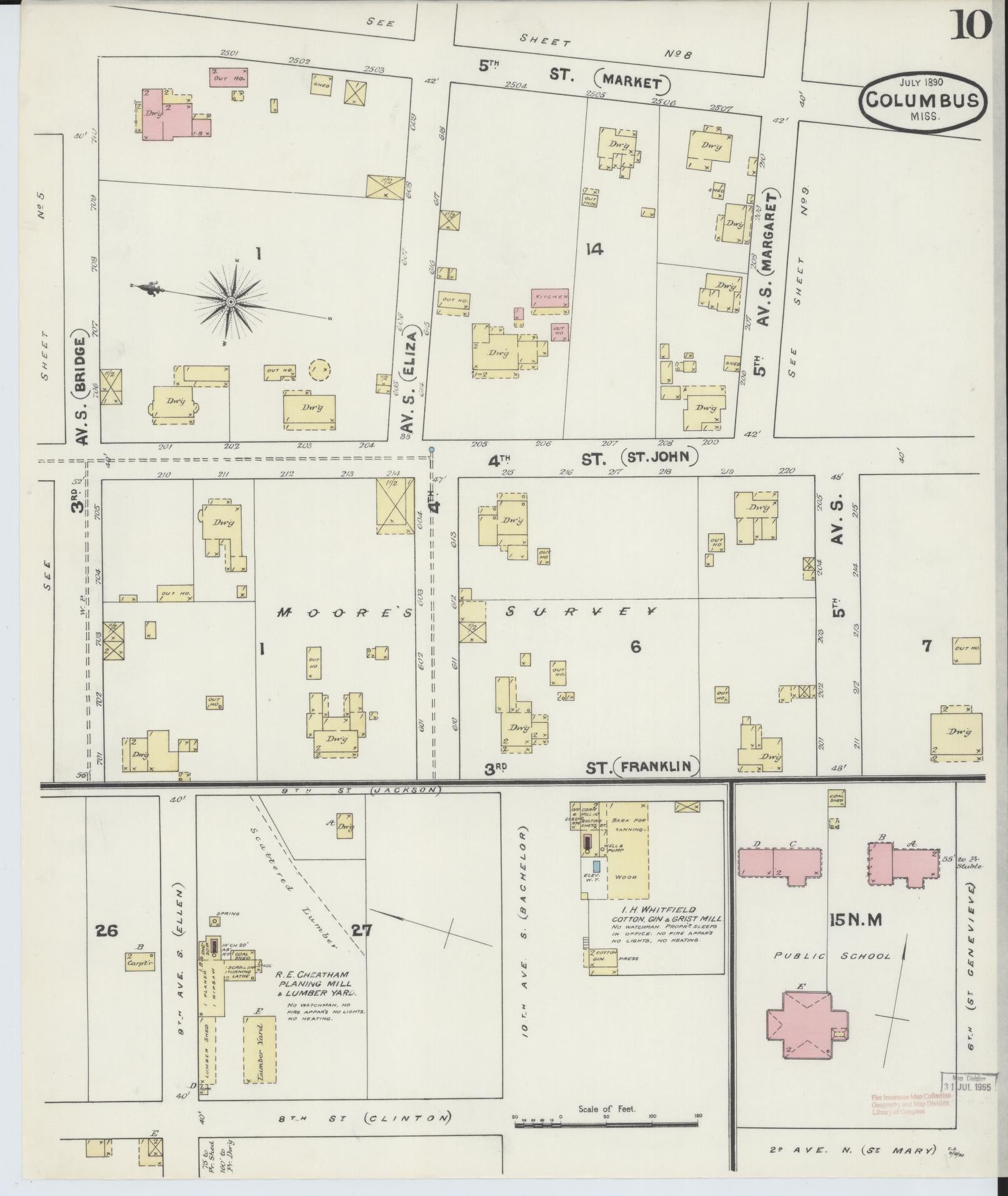 Sanborn Fire Insurance Map from Columbus, Lowndes County, Mississippi (1890), Sheet #0010 - Complete Map Set gallery image, historic Sanborn map, vintage wall art, Mississippi Mississippi
