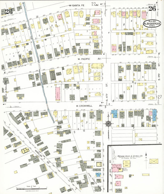 Sanborn Fire Insurance Map from Albuquerque, Bernalillo County, New Mexico (1924), Sheet #0026 - Historic Sanborn Fire Insurance Map Print, vintage old map wall art, antique decor, genealogy gift, New Mexico New Mexico map