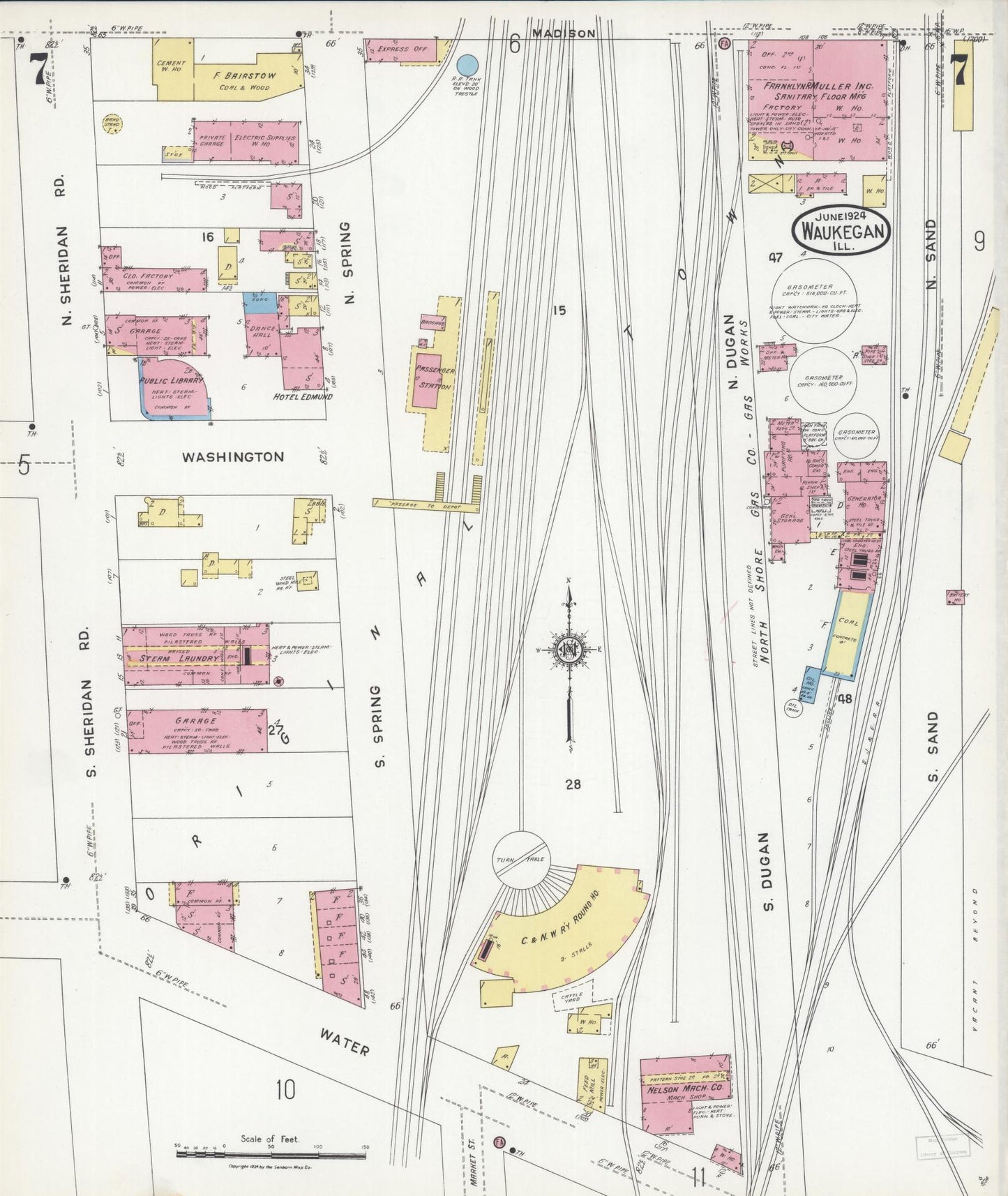Sanborn Fire Insurance Map from Waukegan, Lake County, Illinois (1924), Sheet #0007 - Complete Map Set gallery image, historic Sanborn map, vintage wall art, Illinois Illinois