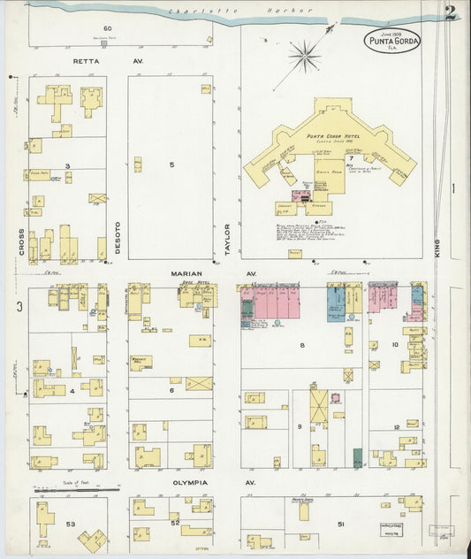 Sanborn Fire Insurance Map from Punta Gorda, Charlotte County, Florida (1909), Sheet #0002 - Historic Sanborn Fire Insurance Map Print, vintage old map wall art, antique decor, genealogy gift, Florida Florida map