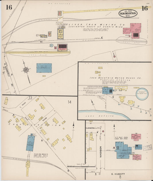Sanborn Fire Insurance Map from Iron Mountain, Dickinson County, Michigan (1923), Sheet #0016 - Historic Sanborn Fire Insurance Map Print, vintage old map wall art, antique decor, genealogy gift, Michigan Michigan map