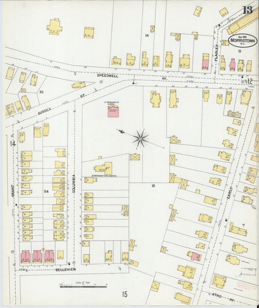 Sanborn Fire Insurance Map from Morristown, Morris County, New Jersey (1901), Sheet #0013 - Historic Sanborn Fire Insurance Map Print, vintage old map wall art, antique decor, genealogy gift, New Jersey New Jersey map