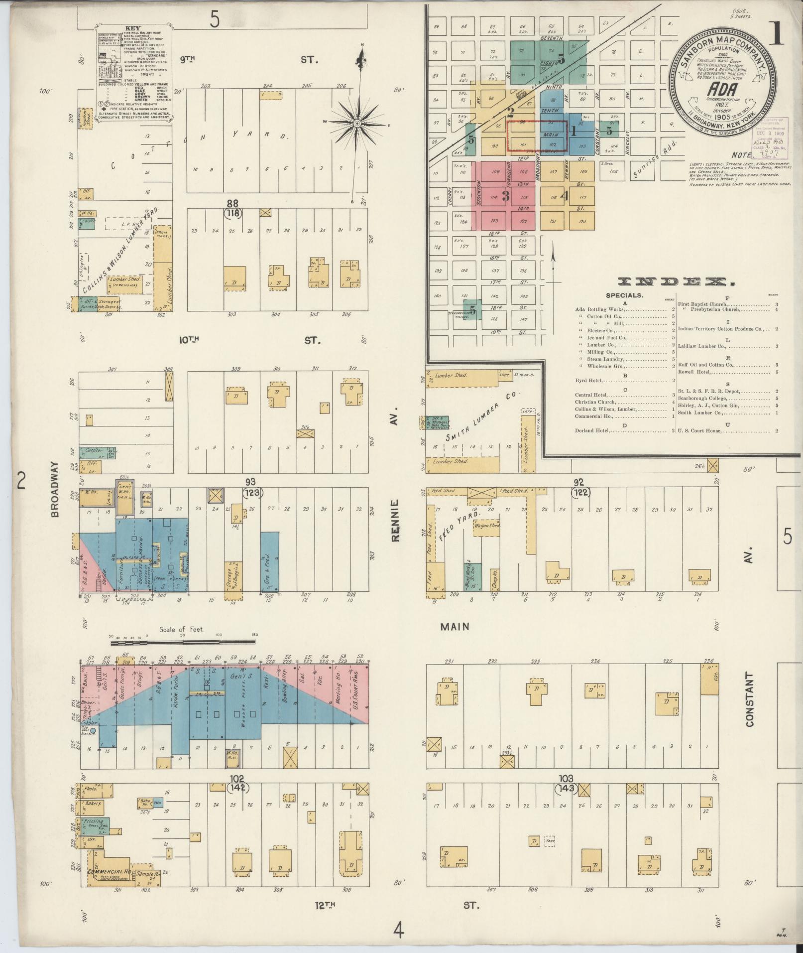 Sanborn Fire Insurance Map from Ada, Pontotoc County, Oklahoma (1903), Sheet #0001 - Complete Map Set gallery image, historic Sanborn map, vintage wall art, Oklahoma Oklahoma