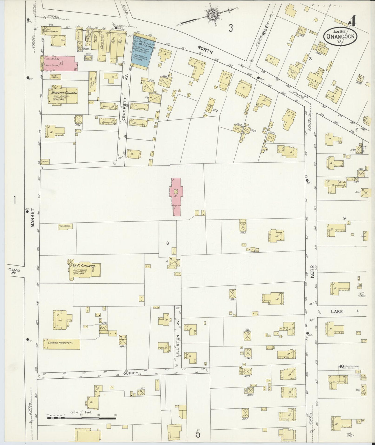 Sanborn Fire Insurance Map from Onancock, Accomack County, Virginia (1912), Sheet #0004 - Historic Sanborn Fire Insurance Map Print, vintage old map wall art, antique decor, genealogy gift, Virginia Virginia map