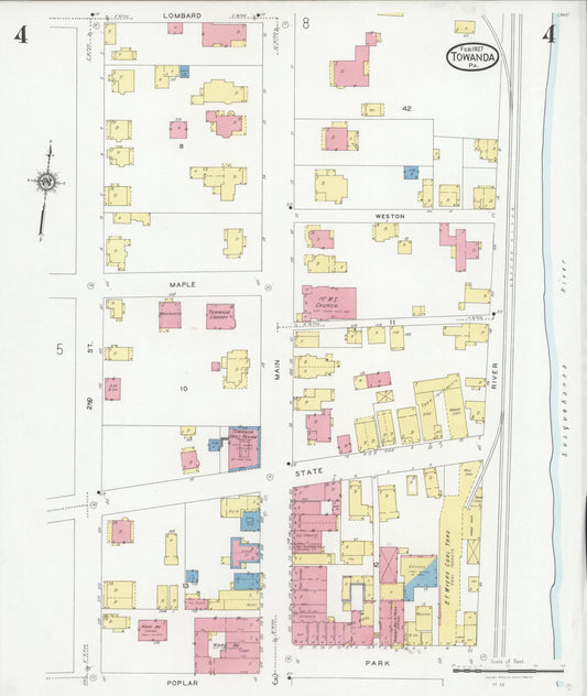 Sanborn Fire Insurance Map from Towanda, Bradford County, Pennsylvania (1927), Sheet #0004 - Historic Sanborn Fire Insurance Map Print, vintage old map wall art, antique decor, genealogy gift, Pennsylvania Pennsylvania map