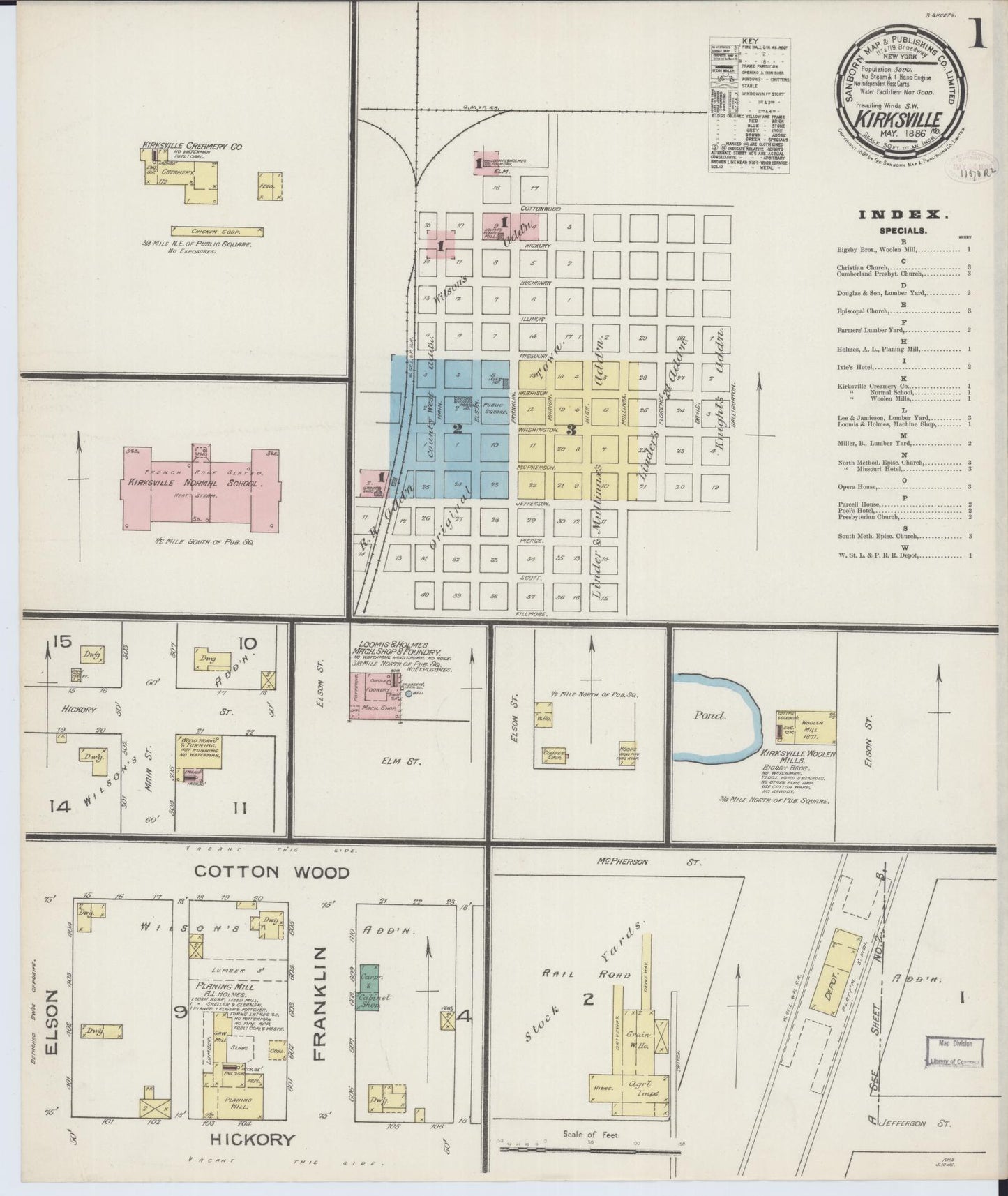Sanborn Fire Insurance Map from Kirksville, Adair County, Missouri (1886), Sheet #0001 - Historic Sanborn Fire Insurance Map Print, vintage old map wall art, antique decor, genealogy gift, Missouri Missouri map