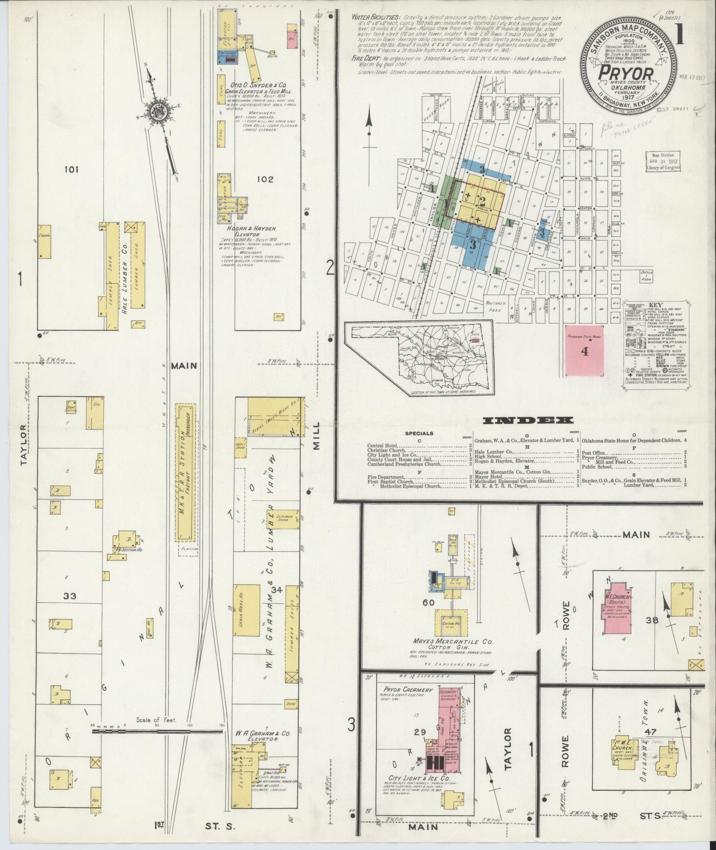 Sanborn Fire Insurance Map from Pryor Creek, Mayes County, Oklahoma (1917), Sheet #0001 - Historic Sanborn Fire Insurance Map Print, vintage old map wall art, antique decor, genealogy gift, Oklahoma Oklahoma map