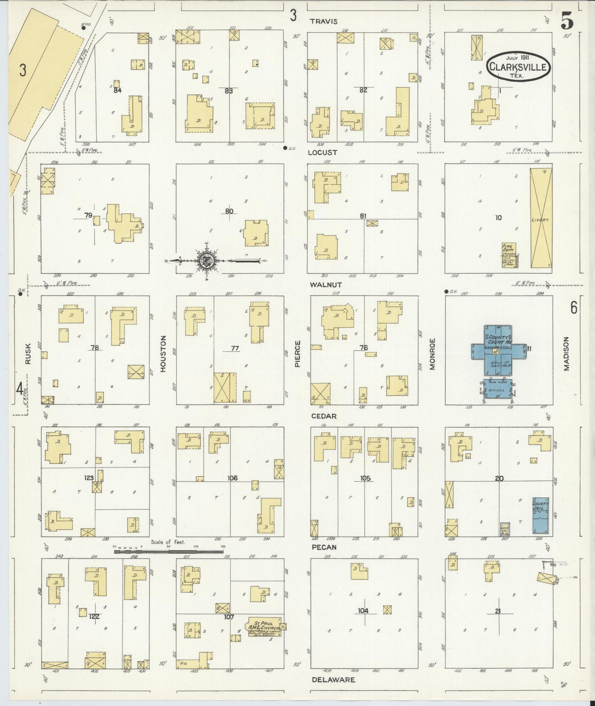 Sanborn Fire Insurance Map from Clarksville, Red River County, Texas (1911), Sheet #0005 - Complete Map Set gallery image, historic Sanborn map, vintage wall art, Texas Texas