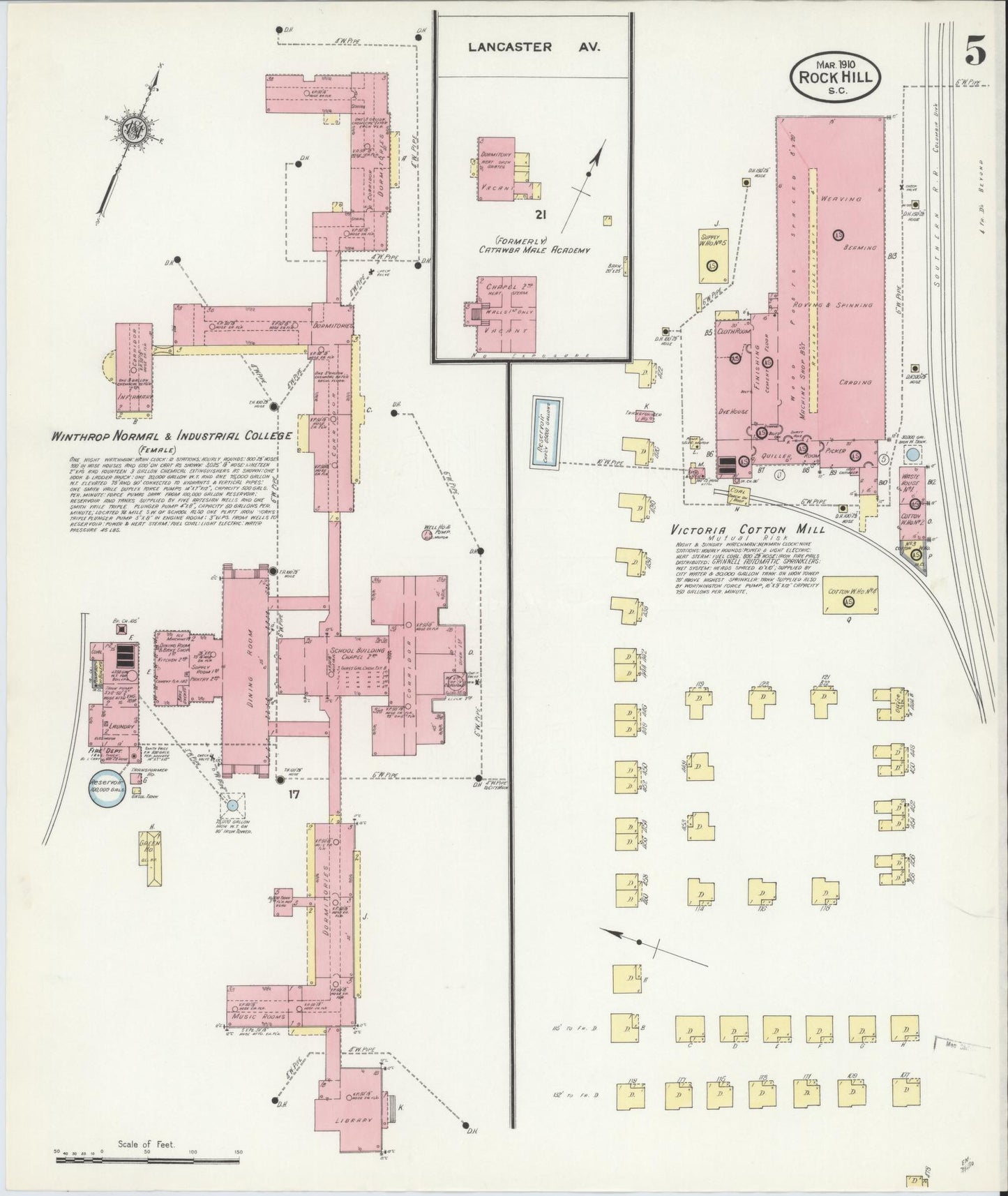 Sanborn Fire Insurance Map from Rock Hill, York County, South Carolina (1910), Sheet #0005 - Historic Sanborn Fire Insurance Map Print, vintage old map wall art, antique decor, genealogy gift, South Carolina South Carolina map