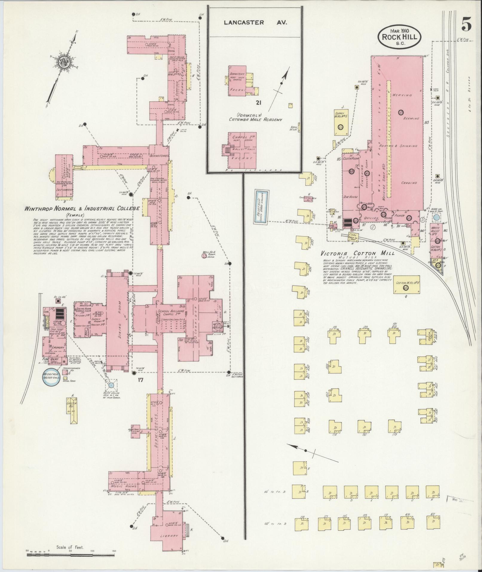 Sanborn Fire Insurance Map from Rock Hill, York County, South Carolina (1910), Sheet #0005 - Historic Sanborn Fire Insurance Map Print, vintage old map wall art, antique decor, genealogy gift, South Carolina South Carolina map