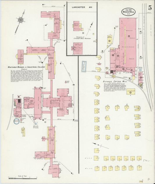 Sanborn Fire Insurance Map from Rock Hill, York County, South Carolina (1910), Sheet #0005 - Historic Sanborn Fire Insurance Map Print, vintage old map wall art, antique decor, genealogy gift, South Carolina South Carolina map