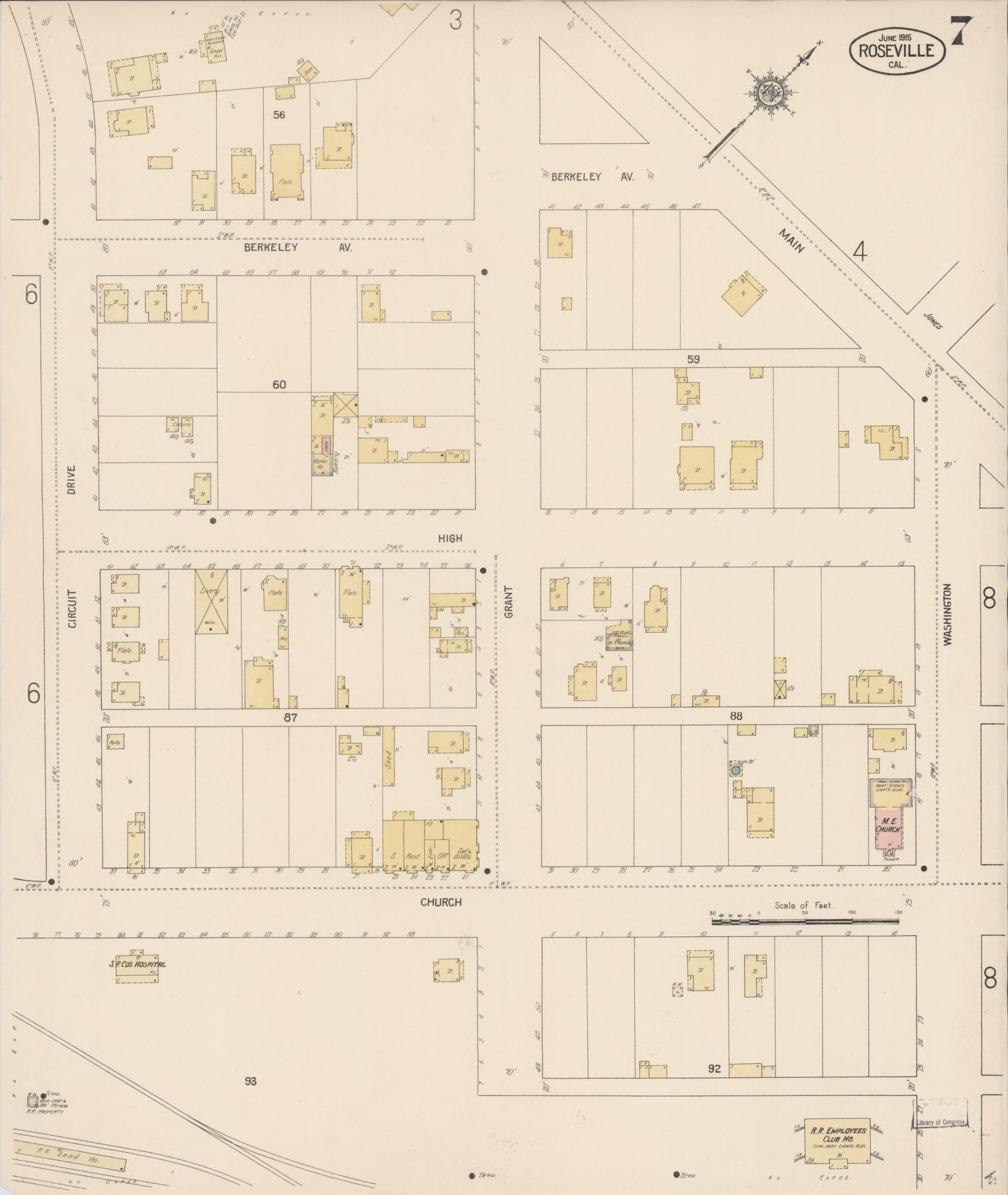 Sanborn Fire Insurance Map from Roseville, Placer County, California (1915), Sheet #0007 - Complete Map Set gallery image, historic Sanborn map, vintage wall art, California California