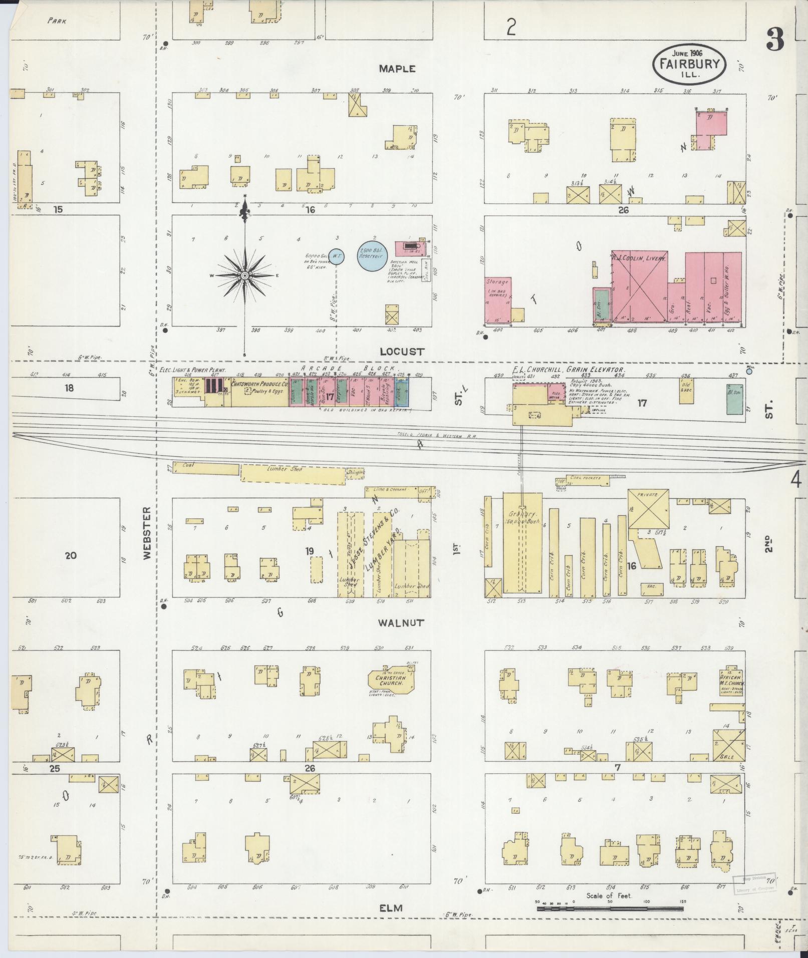 Sanborn Fire Insurance Map from Fairbury, Livingston County, Illinois (1906), Sheet #0003 - Complete Map Set gallery image, historic Sanborn map, vintage wall art, Illinois Illinois