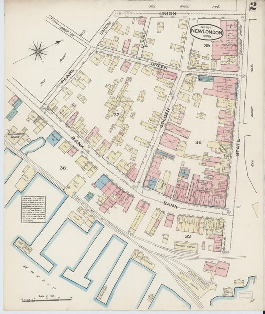 Sanborn Fire Insurance Map from New London, New London County, Connecticut (1884), Sheet #0002 - Historic Sanborn Fire Insurance Map Print, vintage old map wall art, antique decor, genealogy gift, Connecticut Connecticut map