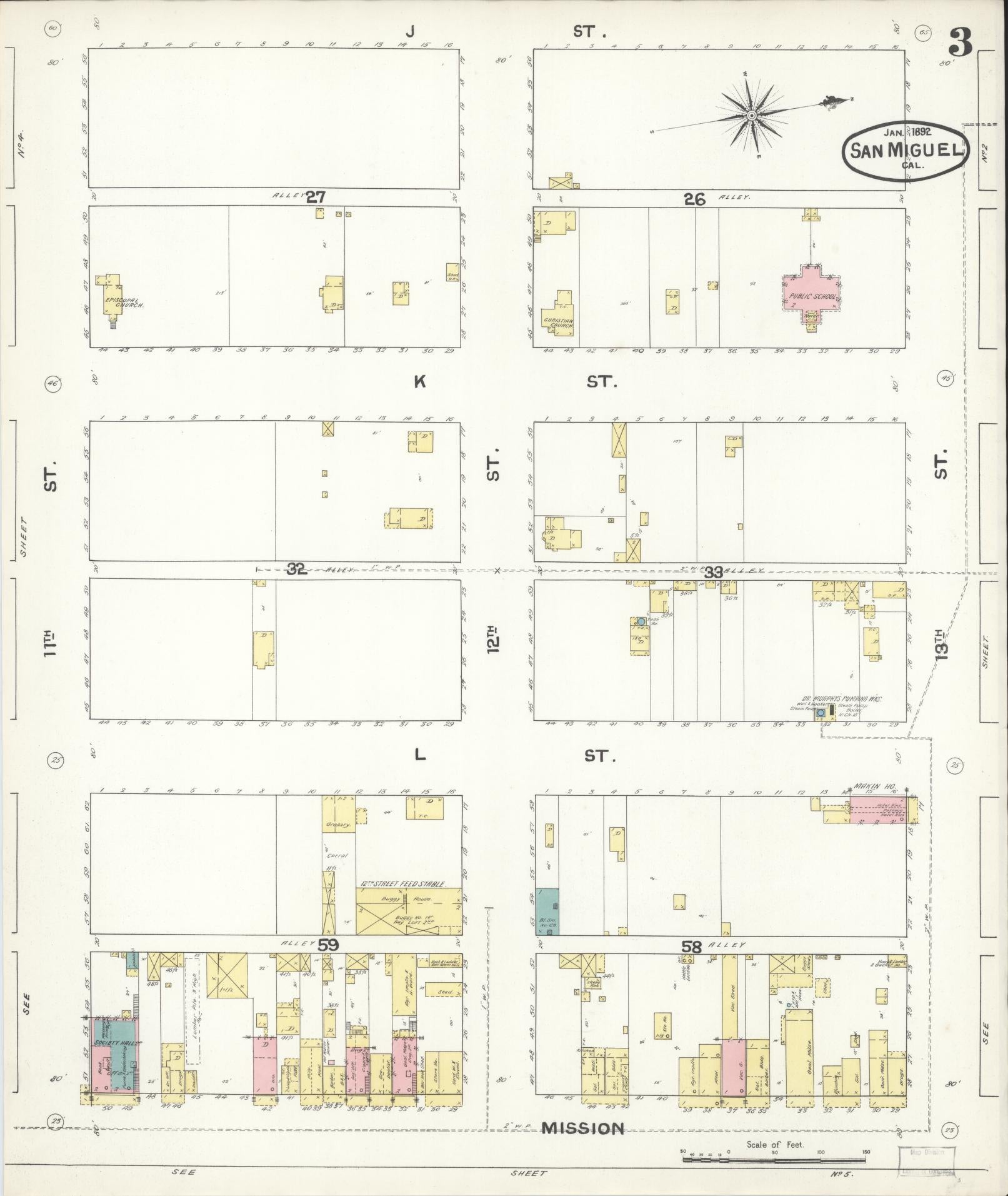Sanborn Fire Insurance Map from San Miguel, San Luis Obispo County, California (1892), Sheet #0003 - Complete Map Set gallery image, historic Sanborn map, vintage wall art, California California